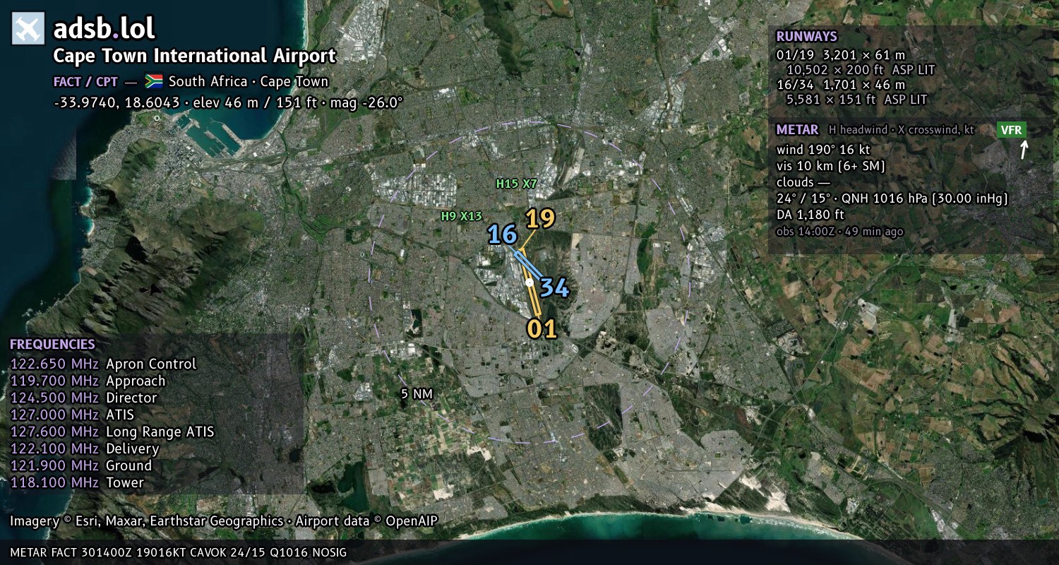 Satellite map with the runway layout of Cape Town International Airport (FACT)