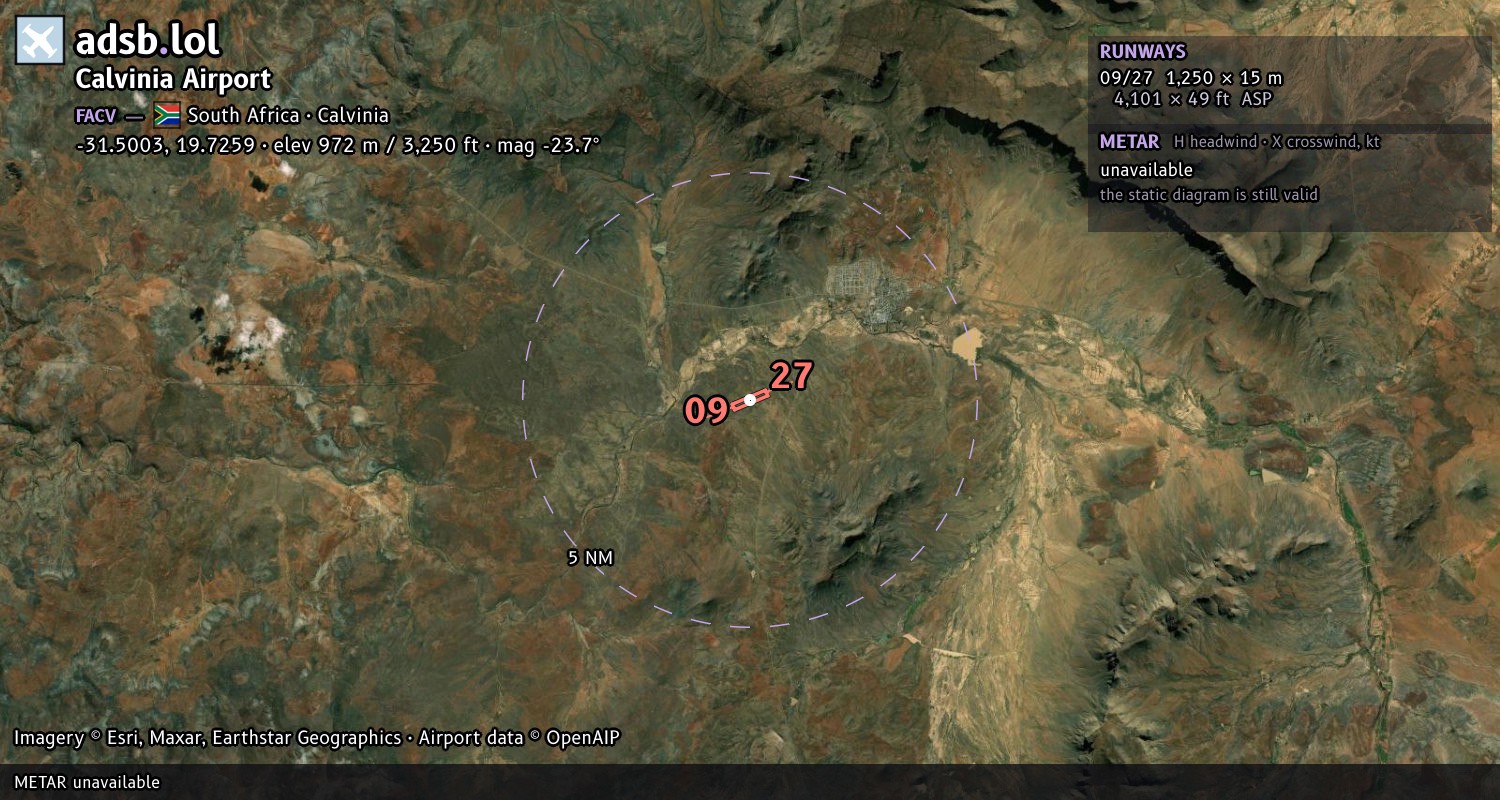 Satellite map with the runway layout of Calvinia Airport (FACV)
