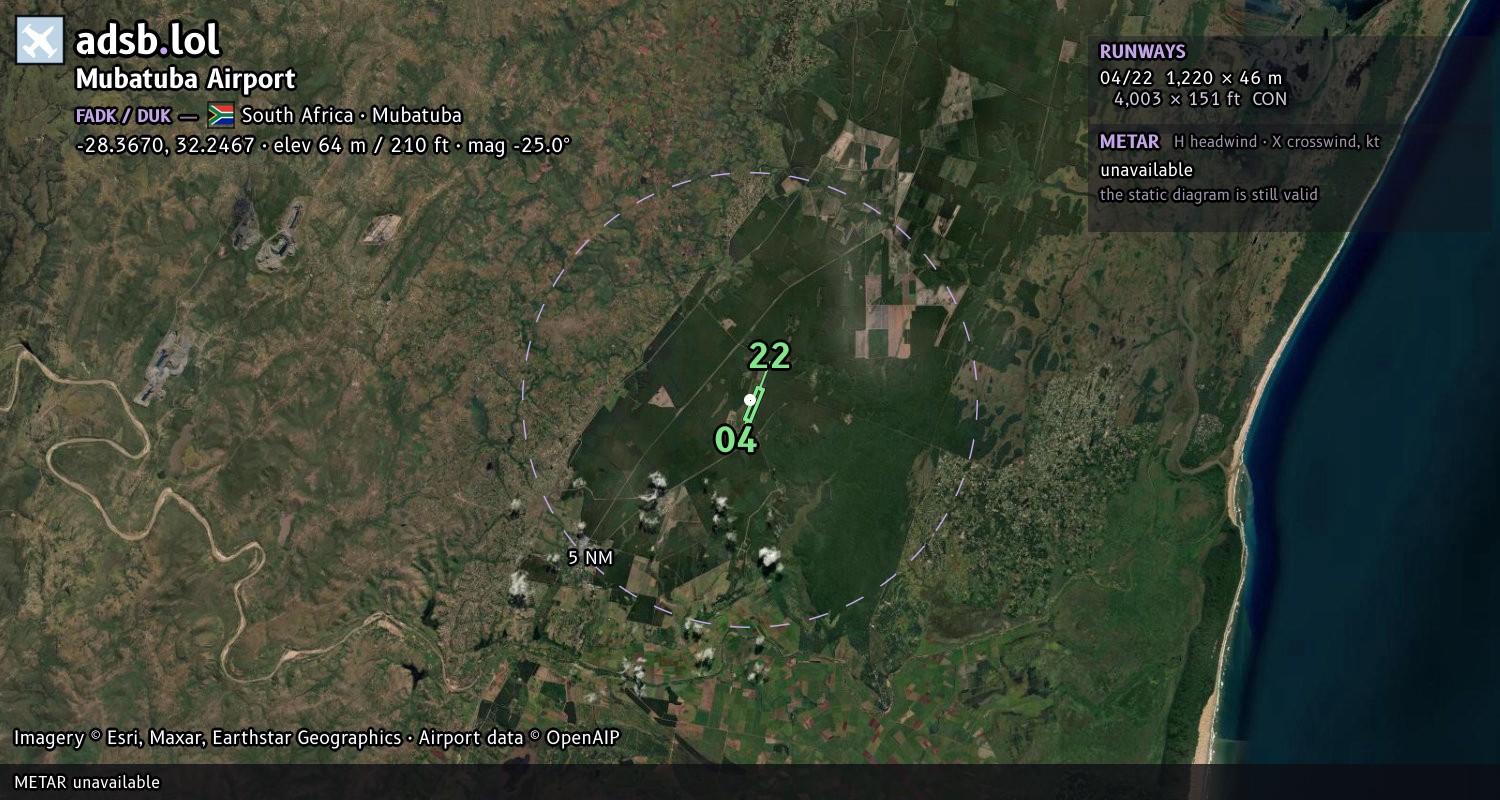Satellite map with the runway layout of Mubatuba Airport (FADK)