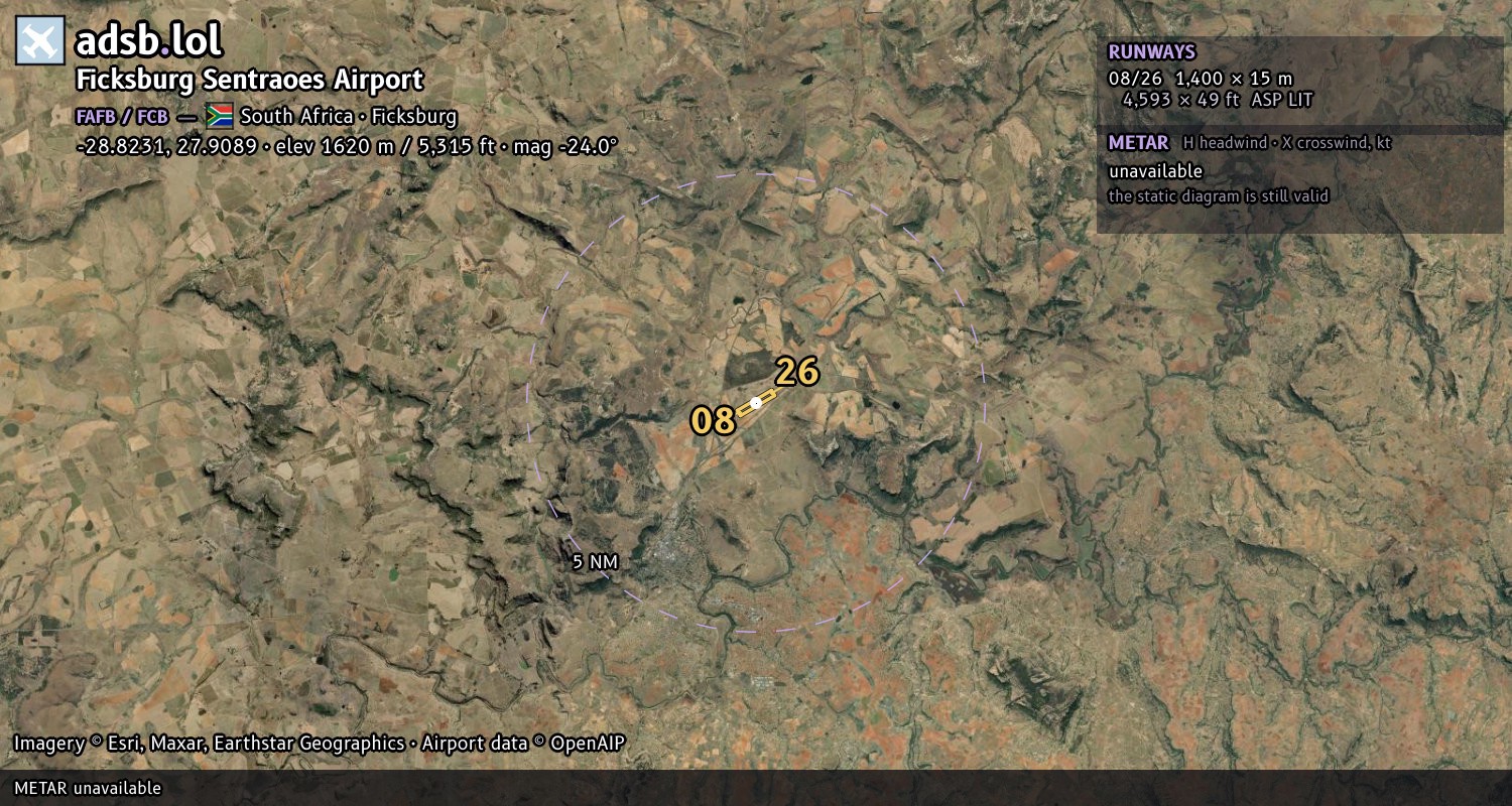 Satellite map with the runway layout of Ficksburg Sentraoes Airport (FAFB)