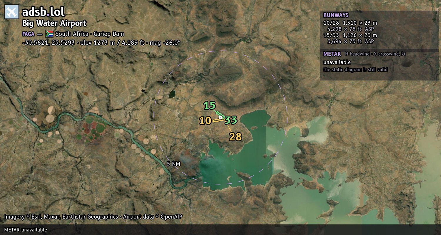 Satellite map with the runway layout of Big Water Airport (FAGA)