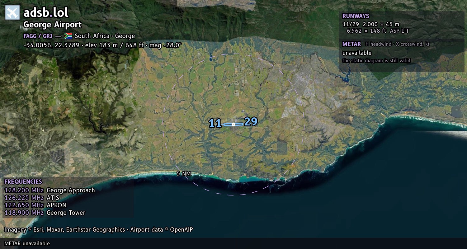 Satellite map with the runway layout of George Airport (FAGG)