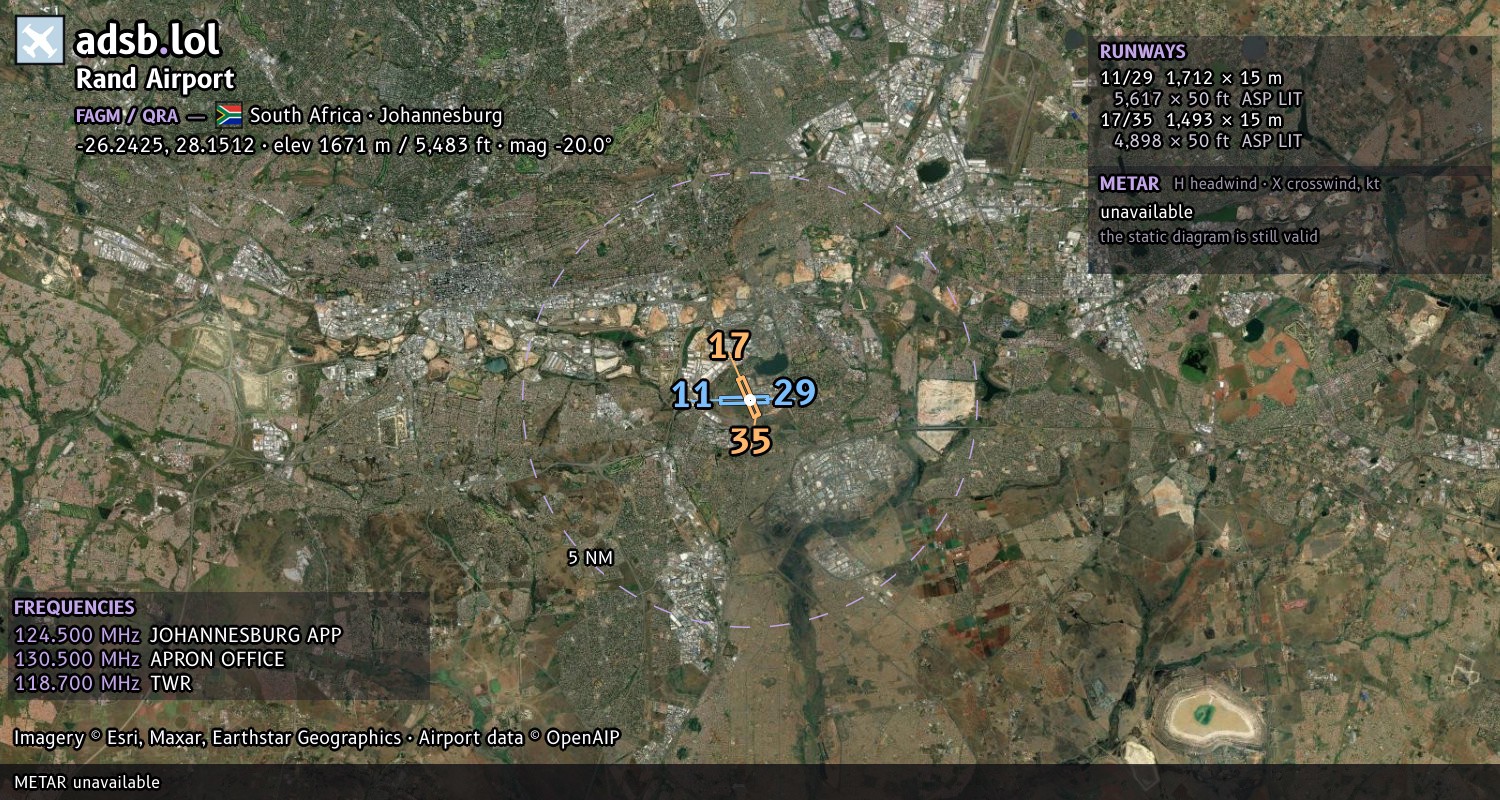 Satellite map with the runway layout of Rand Airport (FAGM)