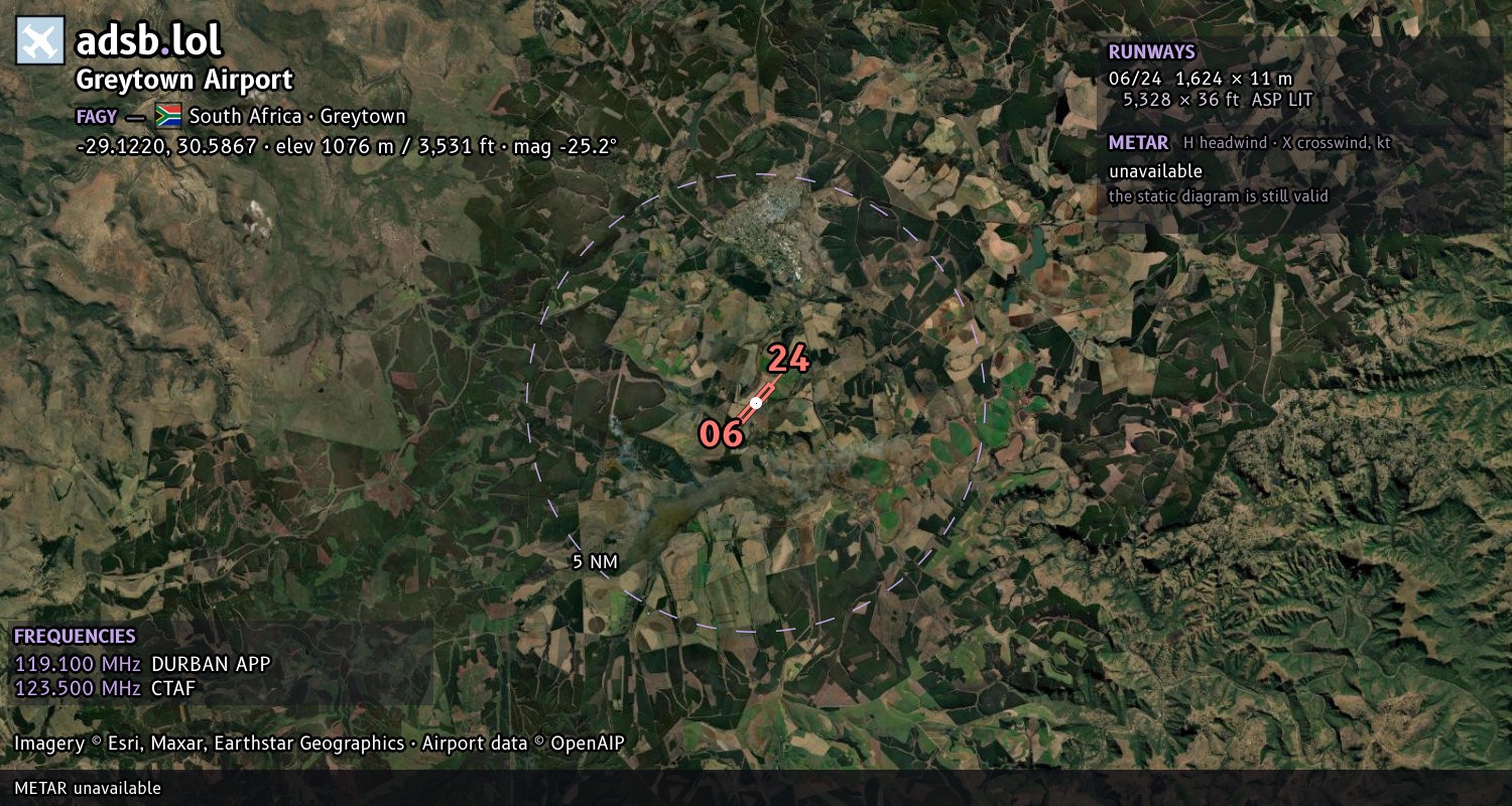 Satellite map with the runway layout of Greytown Airport (FAGY)