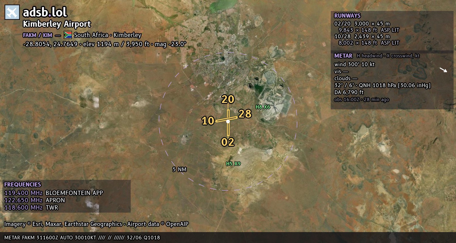 Satellite map with the runway layout of Kimberley Airport (FAKM)
