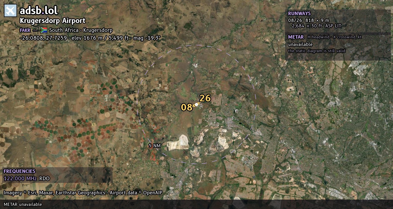 Satellite map with the runway layout of Krugersdorp Airport (FAKR)