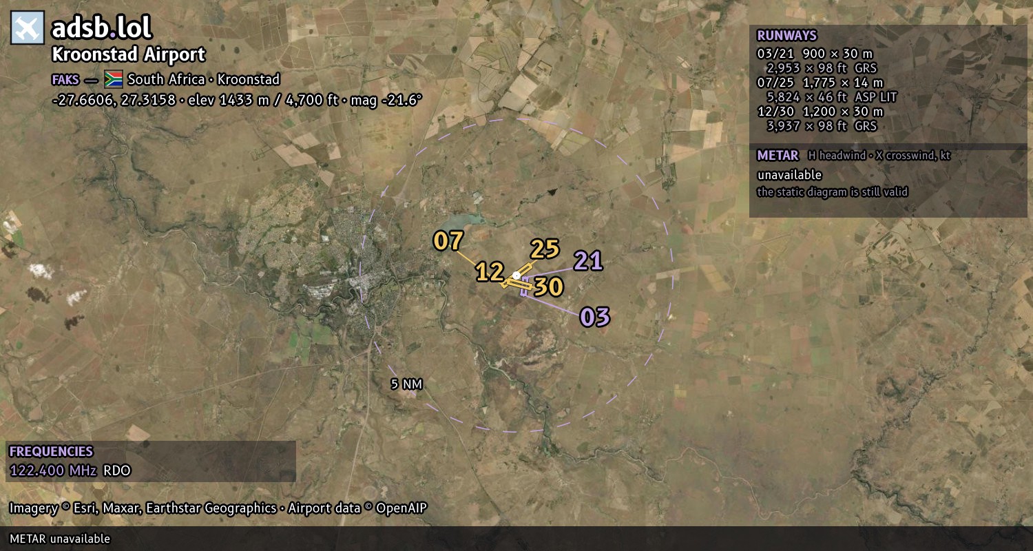 Satellite map with the runway layout of Kroonstad Airport (FAKS)