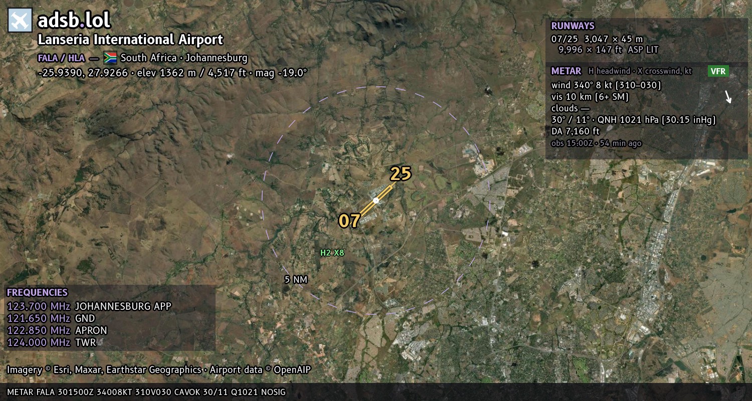 Satellite map with the runway layout of Lanseria International Airport (FALA)