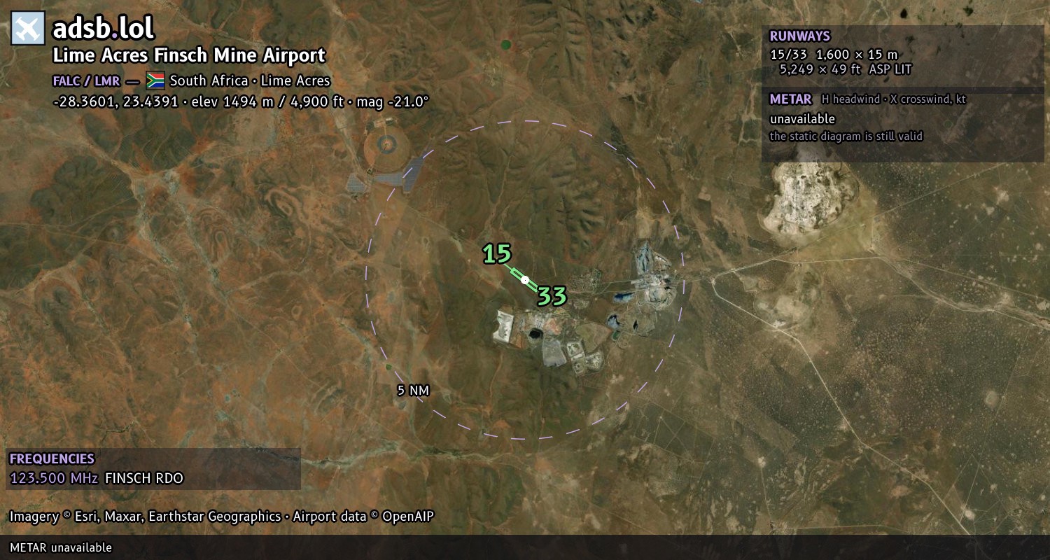 Satellite map with the runway layout of Lime Acres Finsch Mine Airport (FALC)