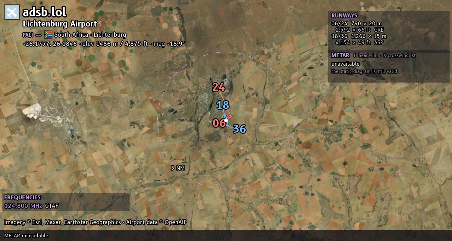 Satellite map with the runway layout of Lichtenburg Airport (FALI)