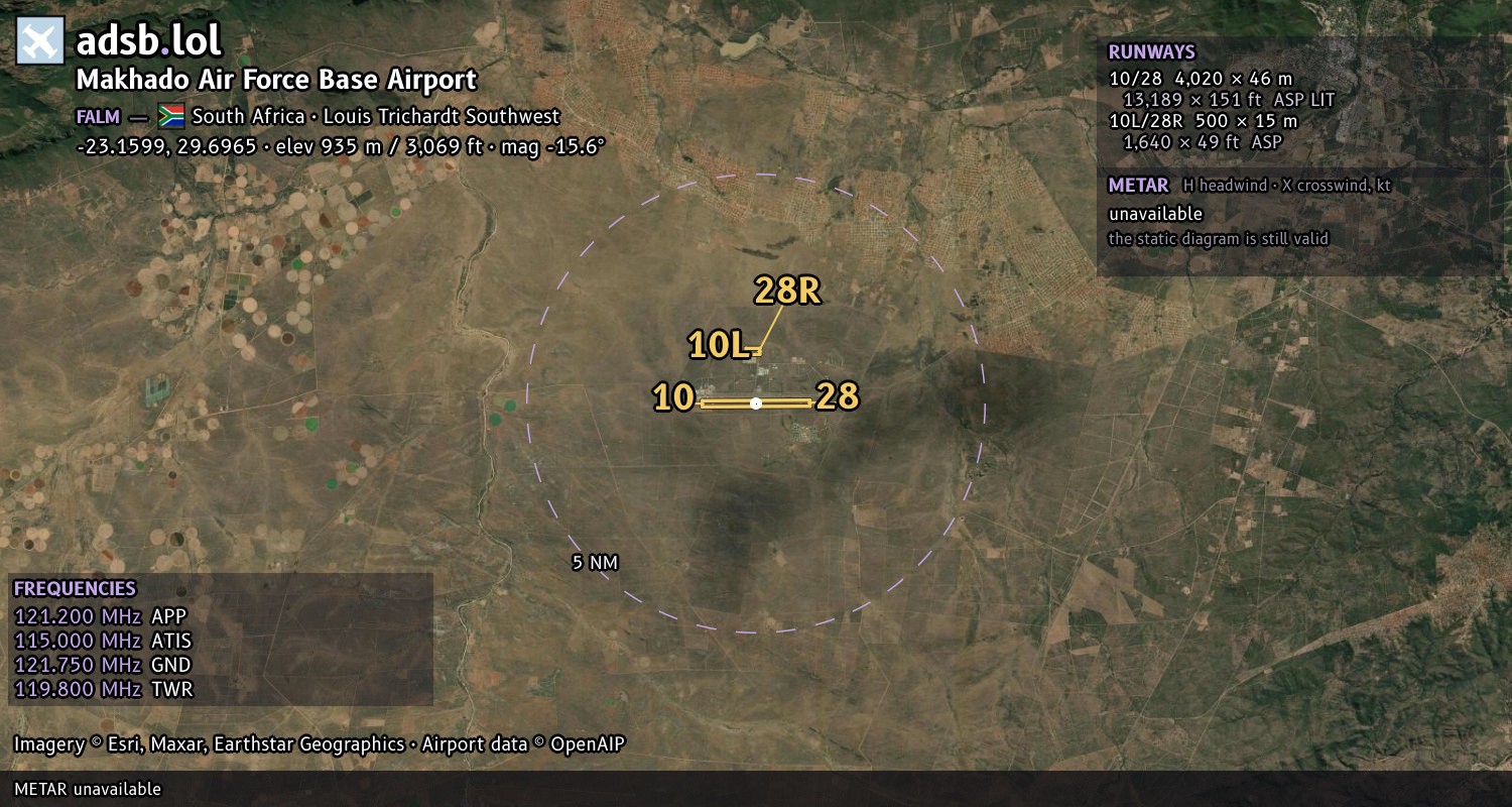 Satellite map with the runway layout of Makhado Air Force Base Airport (FALM)