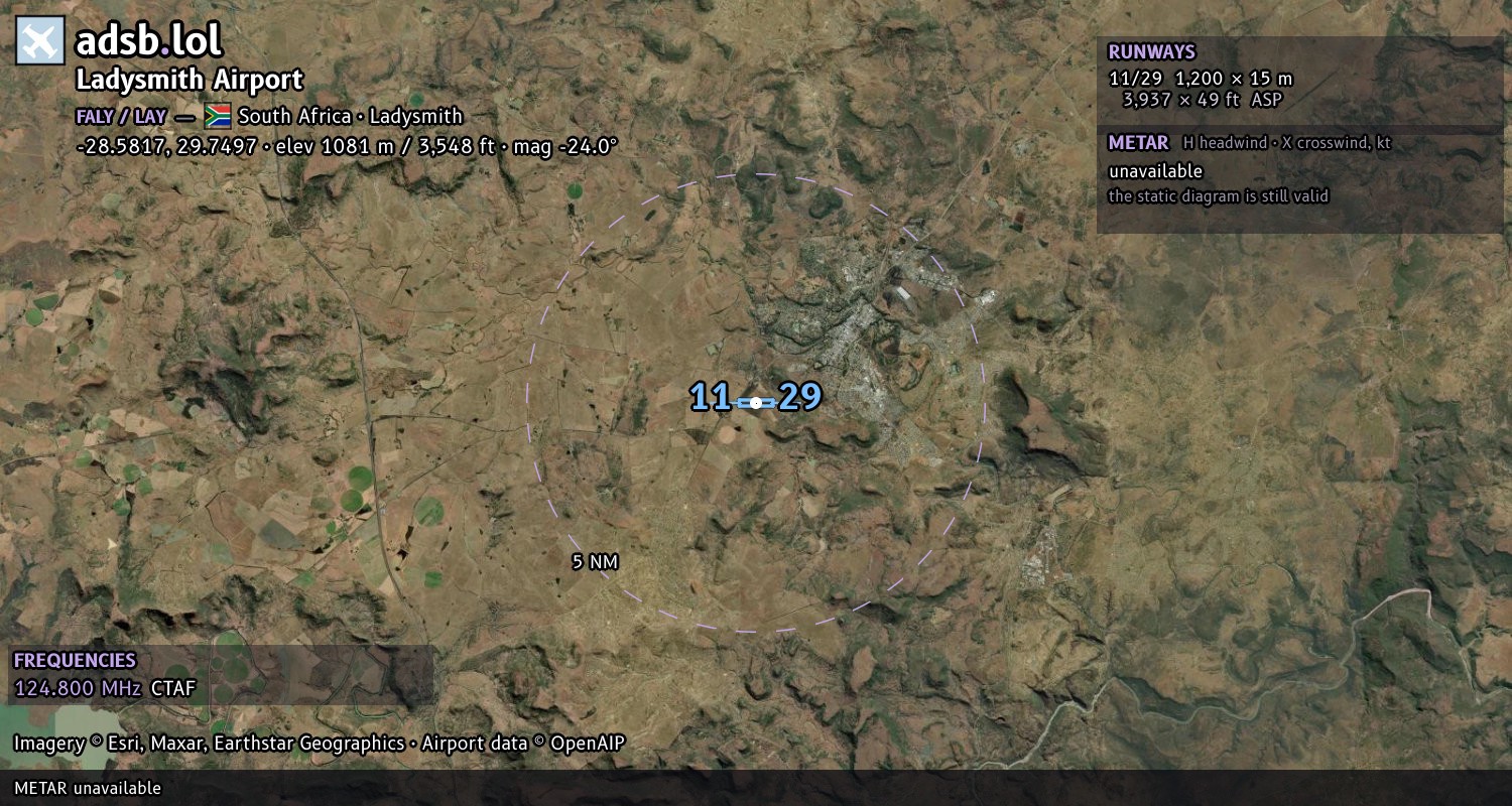 Satellite map with the runway layout of Ladysmith Airport (FALY)