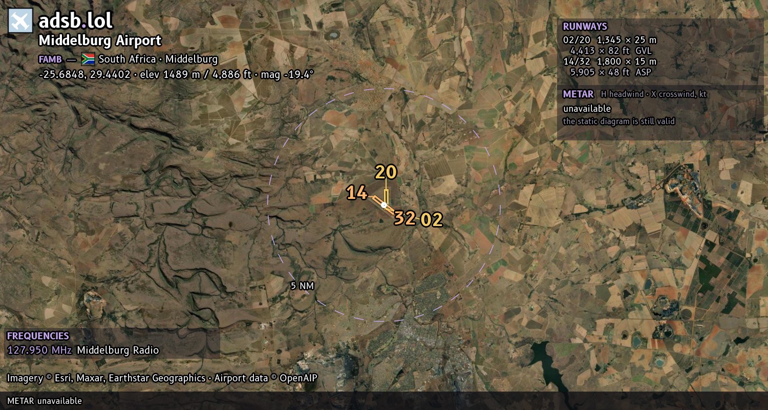 Satellite map with the runway layout of Middelburg Airport (FAMB)