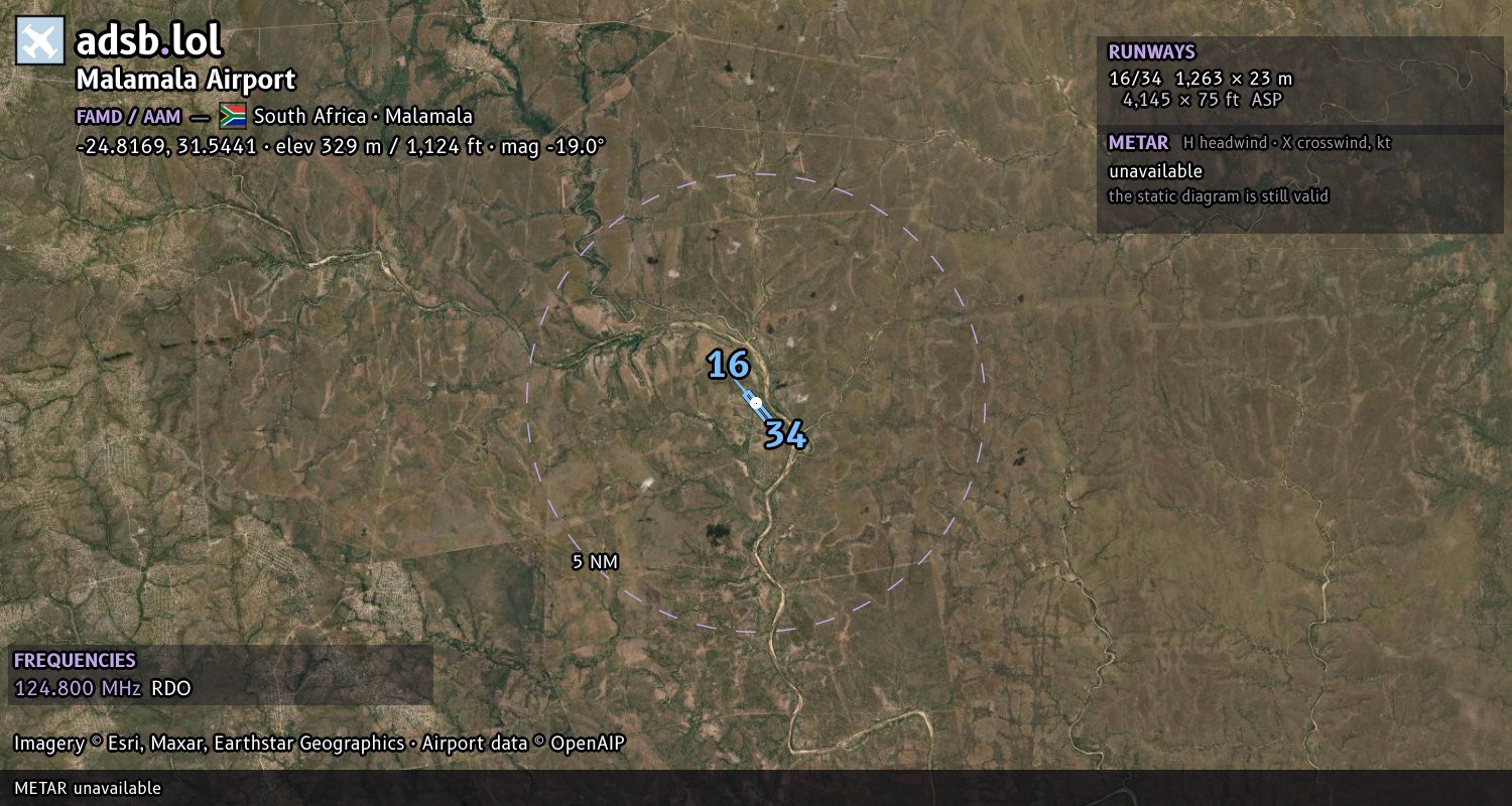 Satellite map with the runway layout of Malamala Airport (FAMD)