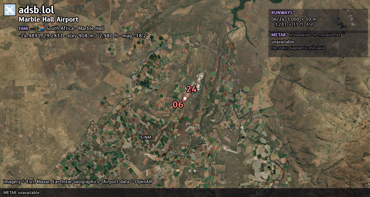 Satellite map with the runway layout of Marble Hall Airport (FAMI)