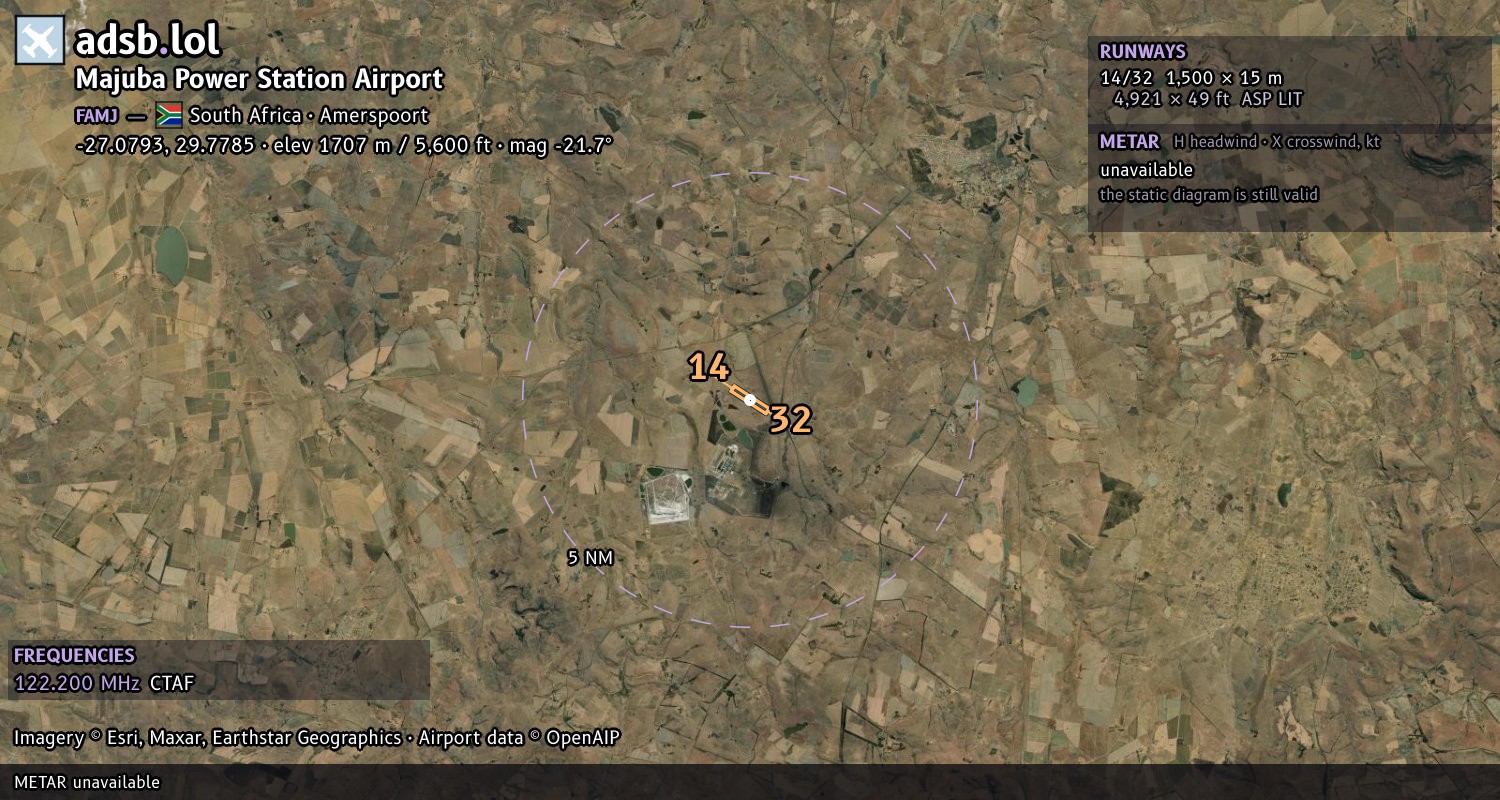 Satellite map with the runway layout of Majuba Power Station Airport (FAMJ)