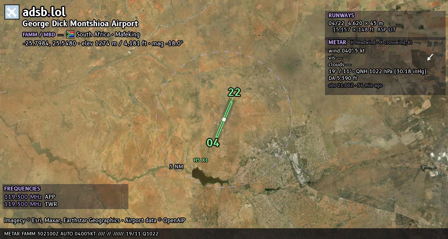 Satellite map with the runway layout of George Dick Montshioa Airport (FAMM)