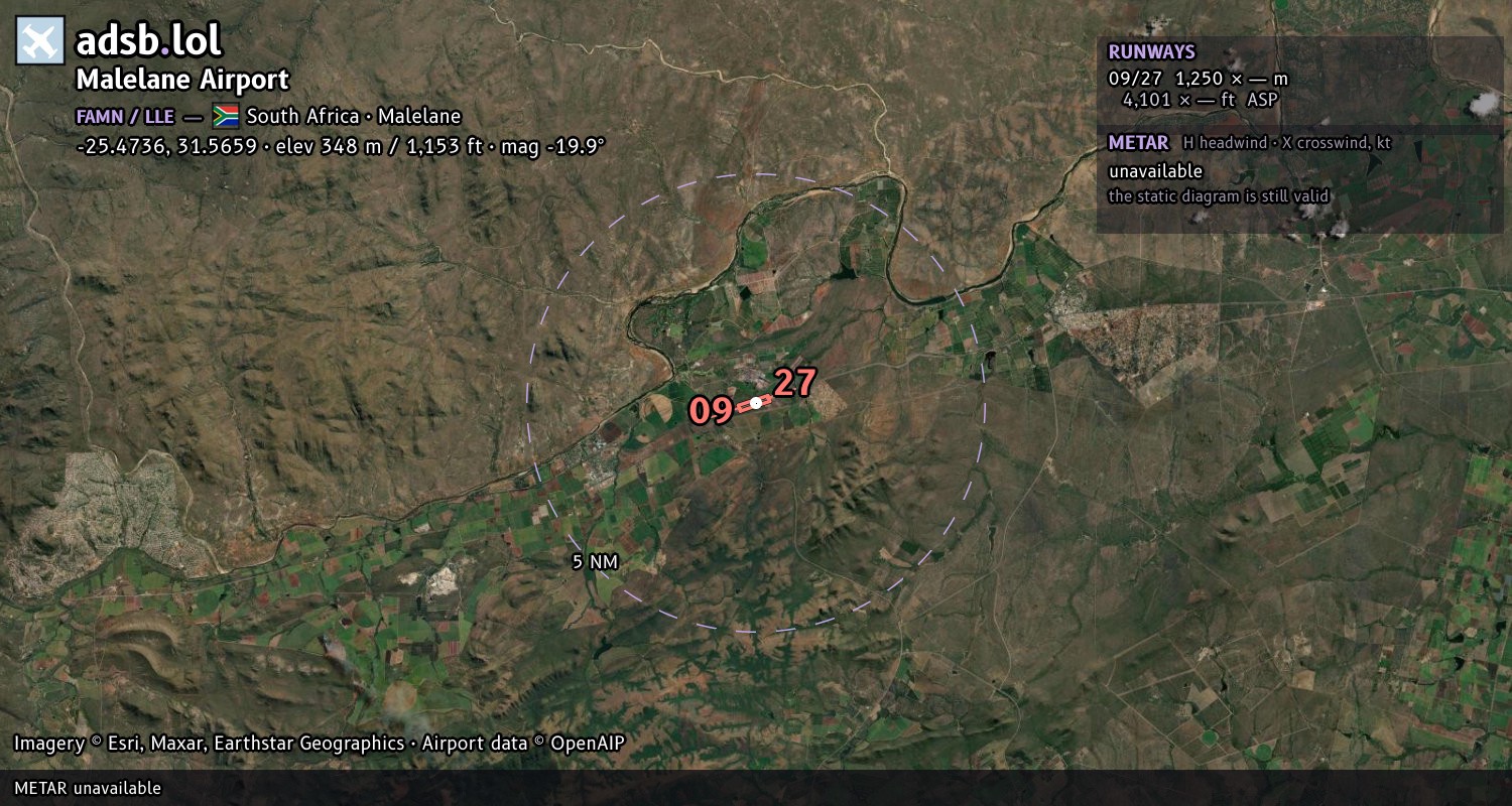 Satellite map with the runway layout of Malelane Airport (FAMN)