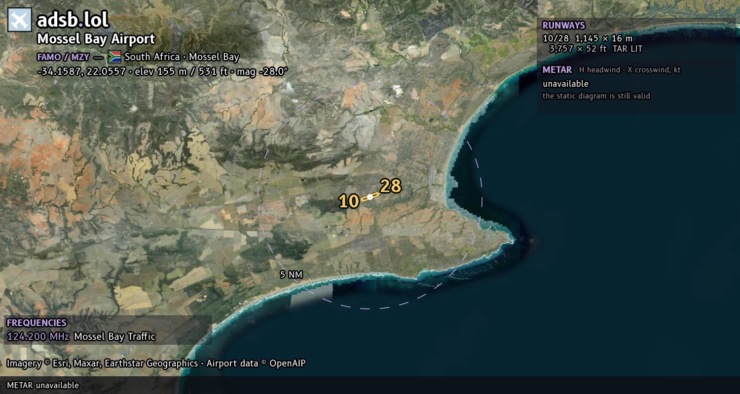 Satellite map with the runway layout of Mossel Bay Airport (FAMO)