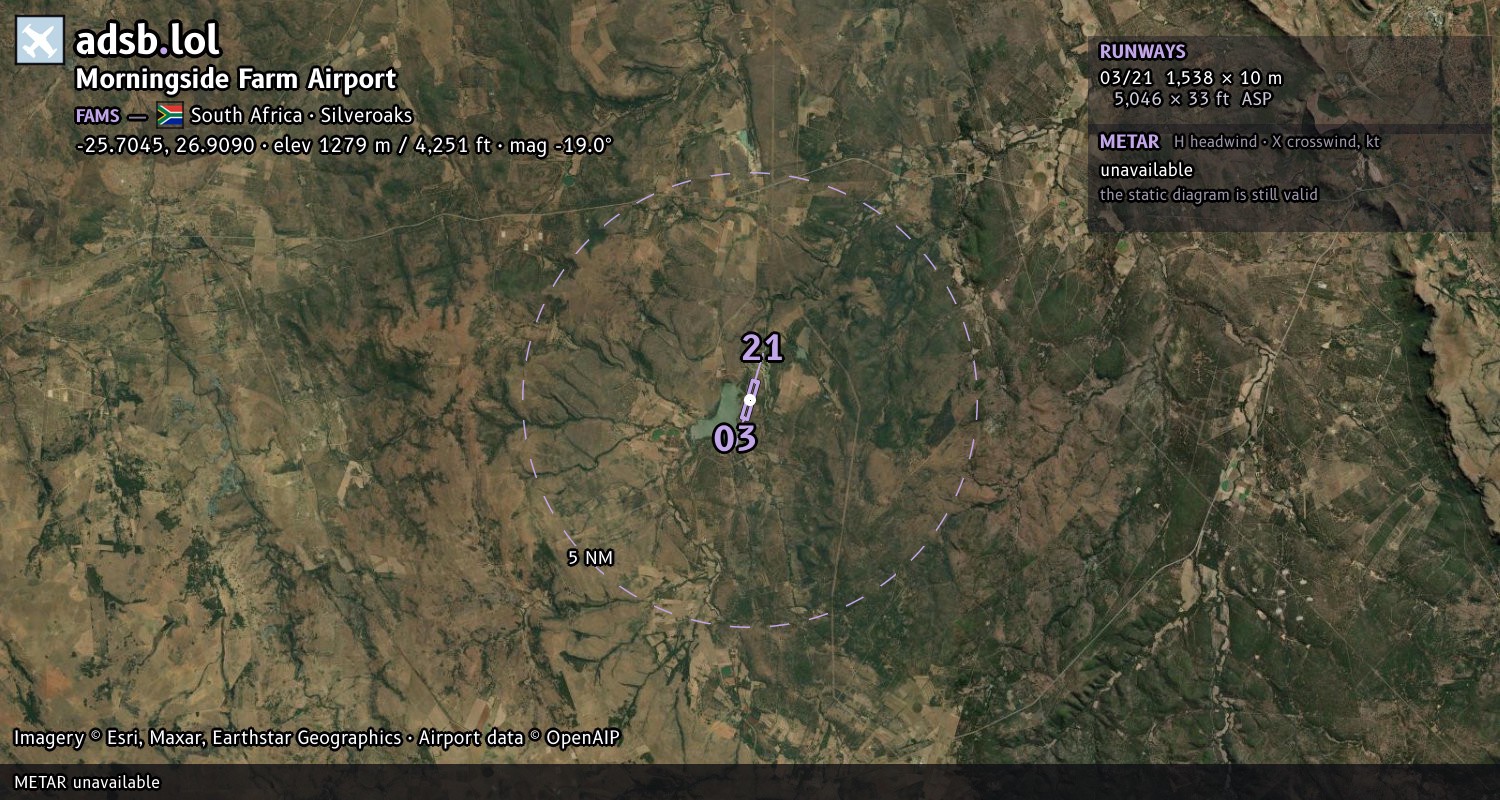 Satellite map with the runway layout of Morningside Farm Airport (FAMS)