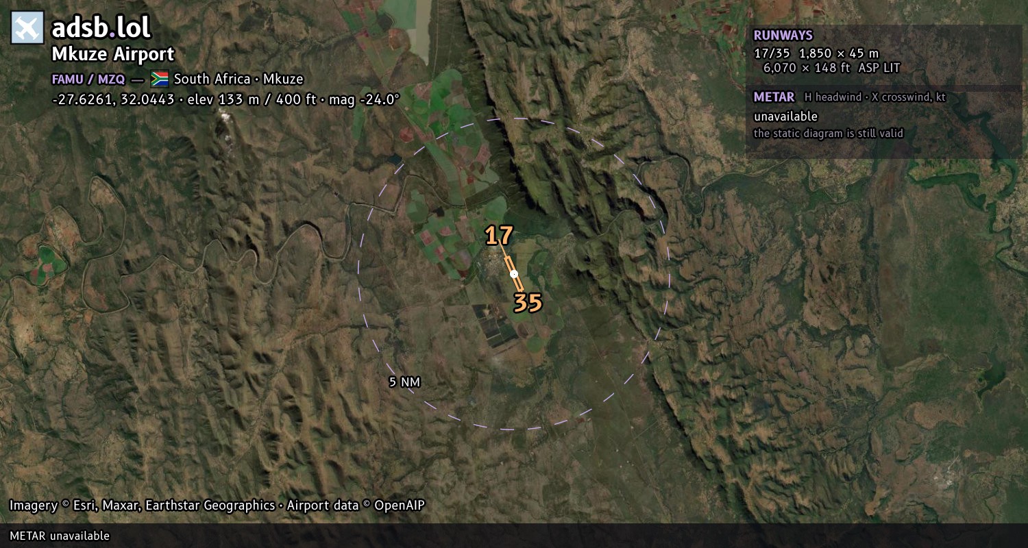Satellite map with the runway layout of Mkuze Airport (FAMU)
