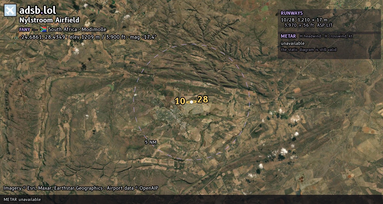 Satellite map with the runway layout of Nylstroom Airfield (FANY)