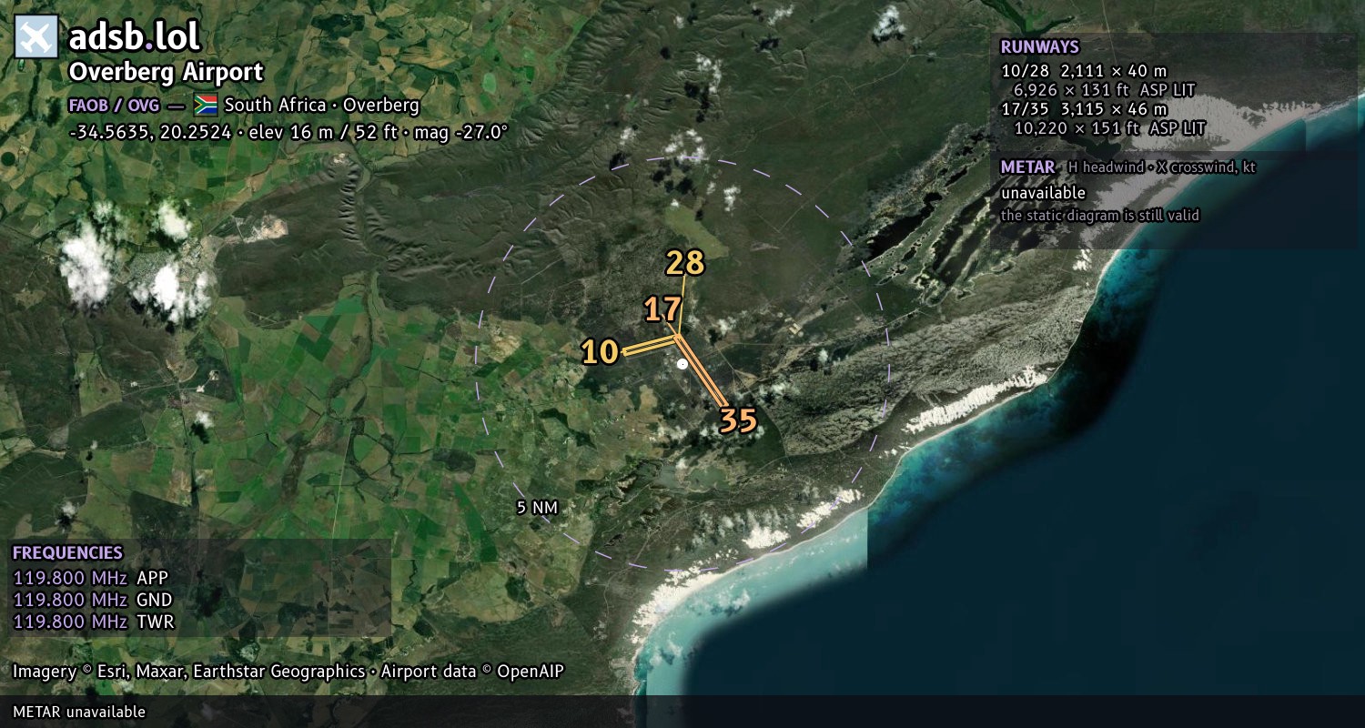 Satellite map with the runway layout of Overberg Airport (FAOB)