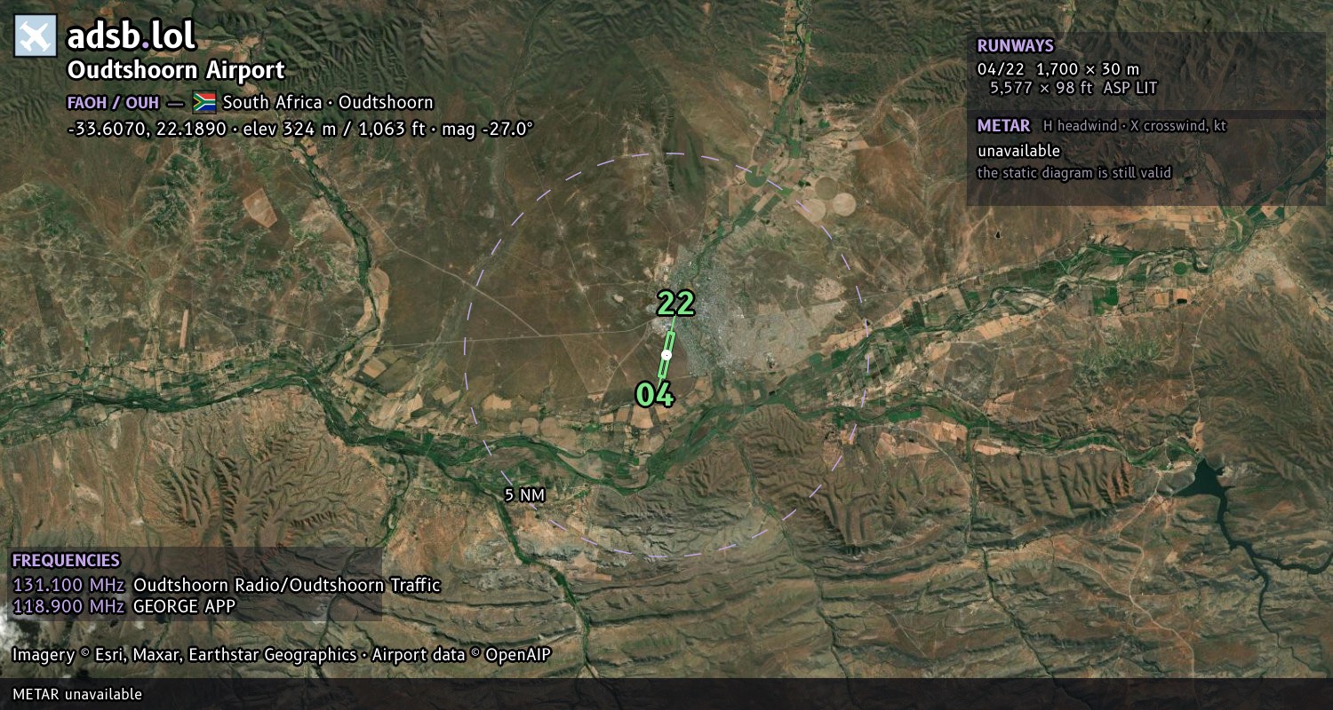 Satellite map with the runway layout of Oudtshoorn Airport (FAOH)