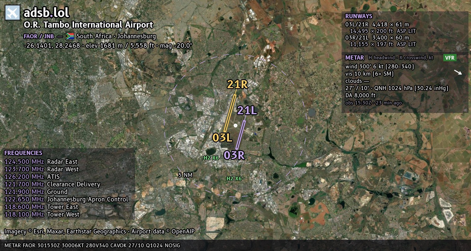 Satellite map with the runway layout of O.R. Tambo International Airport (FAOR)