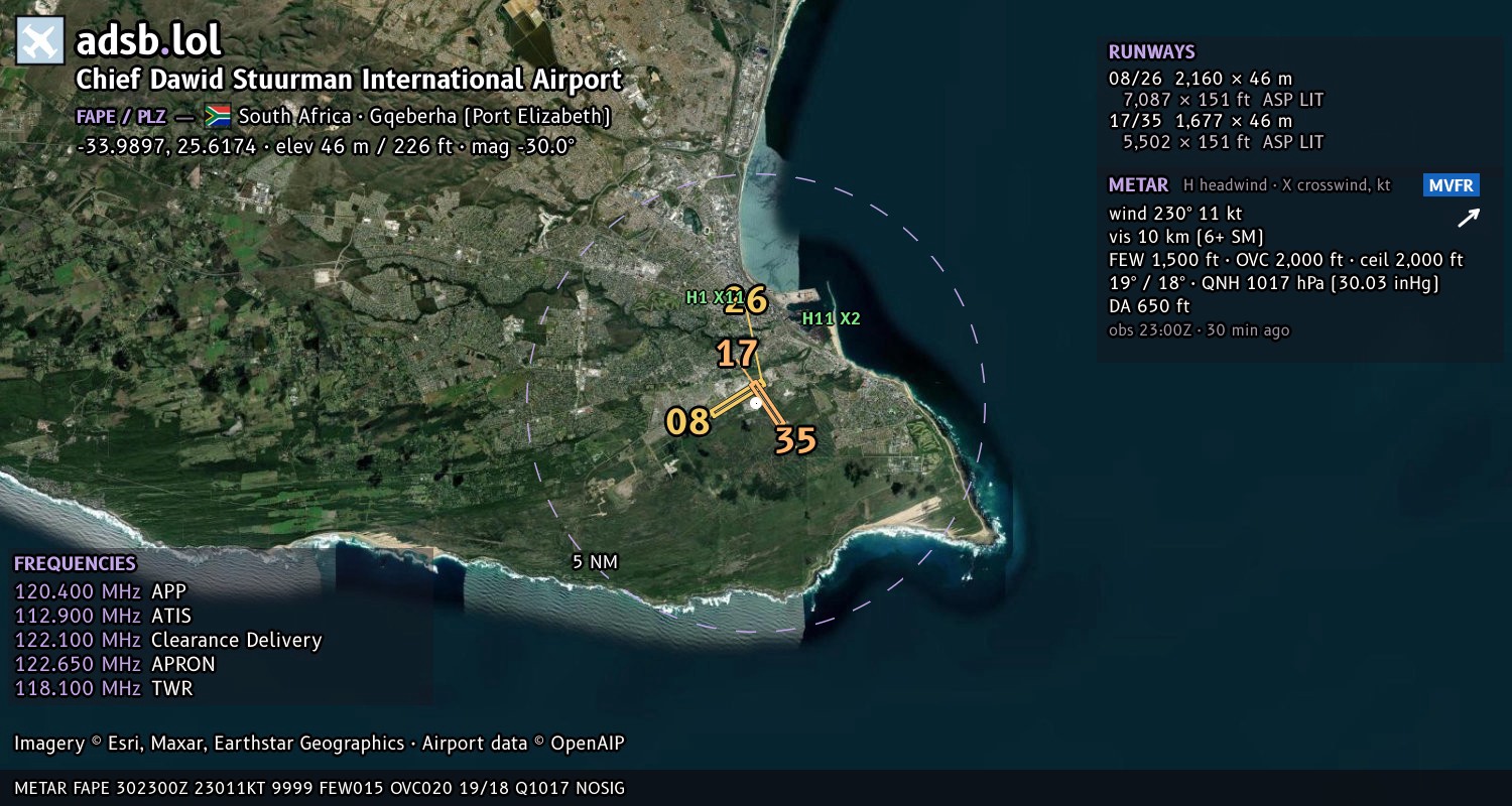 Satellite map with the runway layout of Chief Dawid Stuurman International Airport (FAPE)