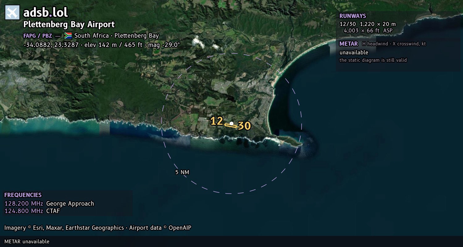 Satellite map with the runway layout of Plettenberg Bay Airport (FAPG)