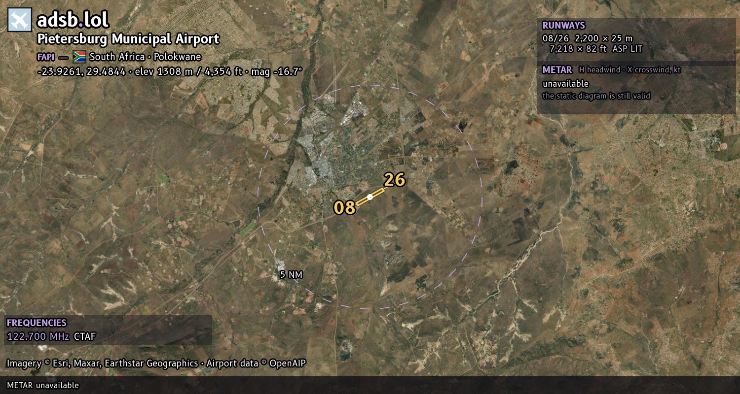 Satellite map with the runway layout of Pietersburg Municipal Airport (FAPI)