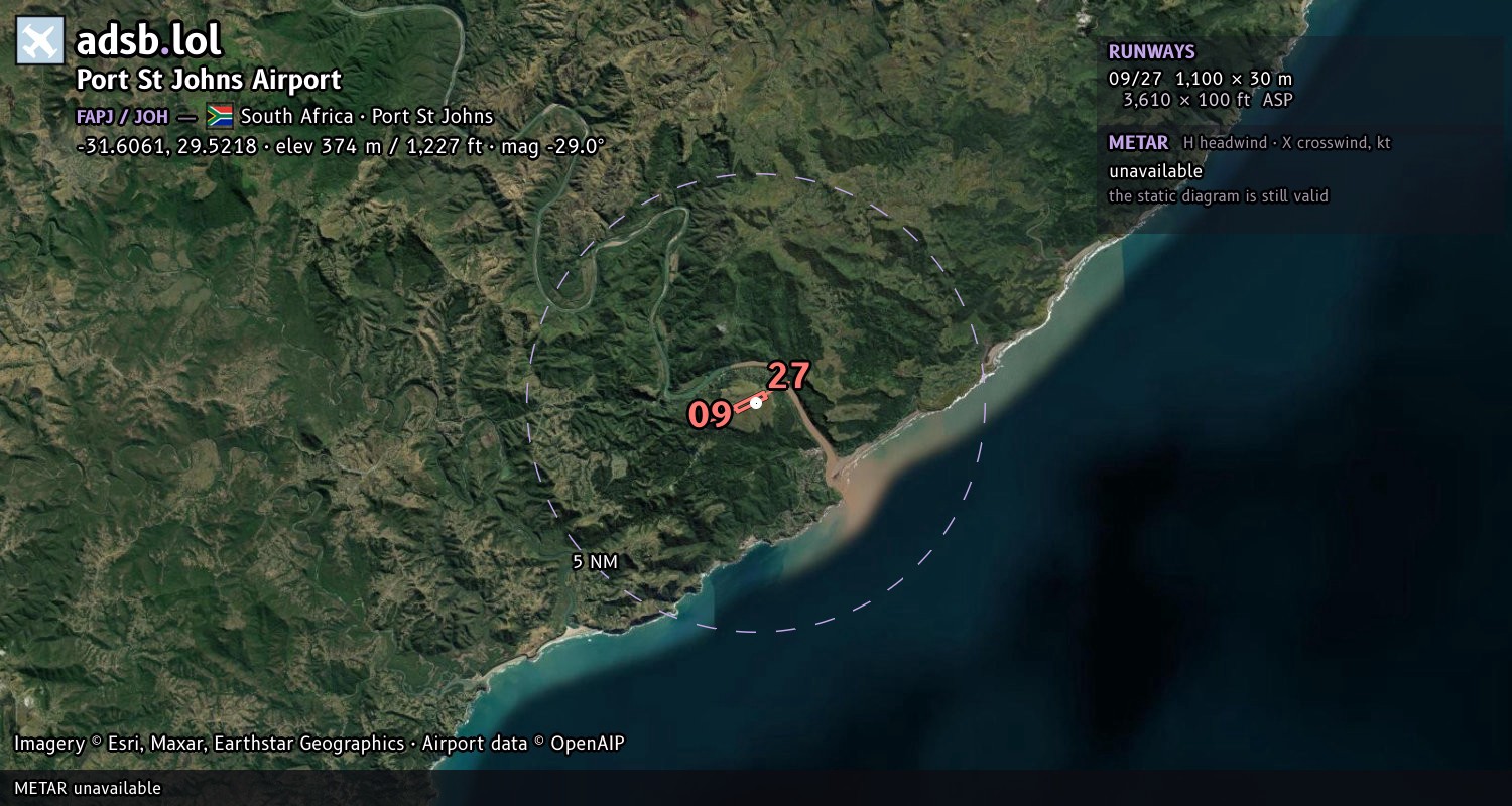 Satellite map with the runway layout of Port St Johns Airport (FAPJ)
