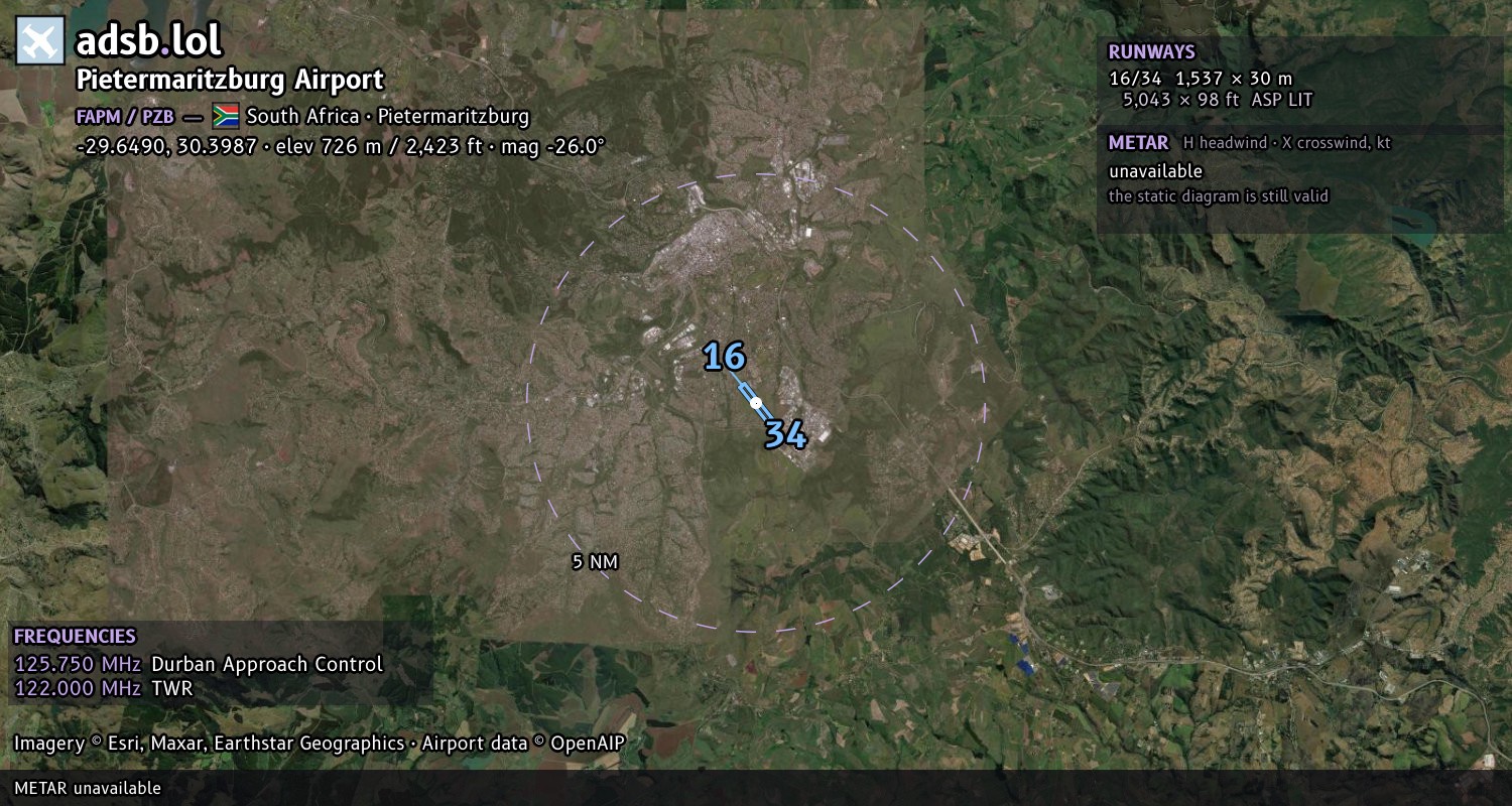 Satellite map with the runway layout of Pietermaritzburg Airport (FAPM)