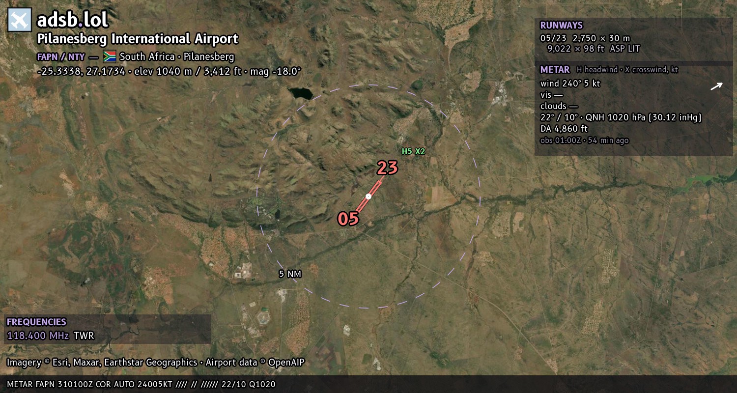 Satellite map with the runway layout of Pilanesberg International Airport (FAPN)