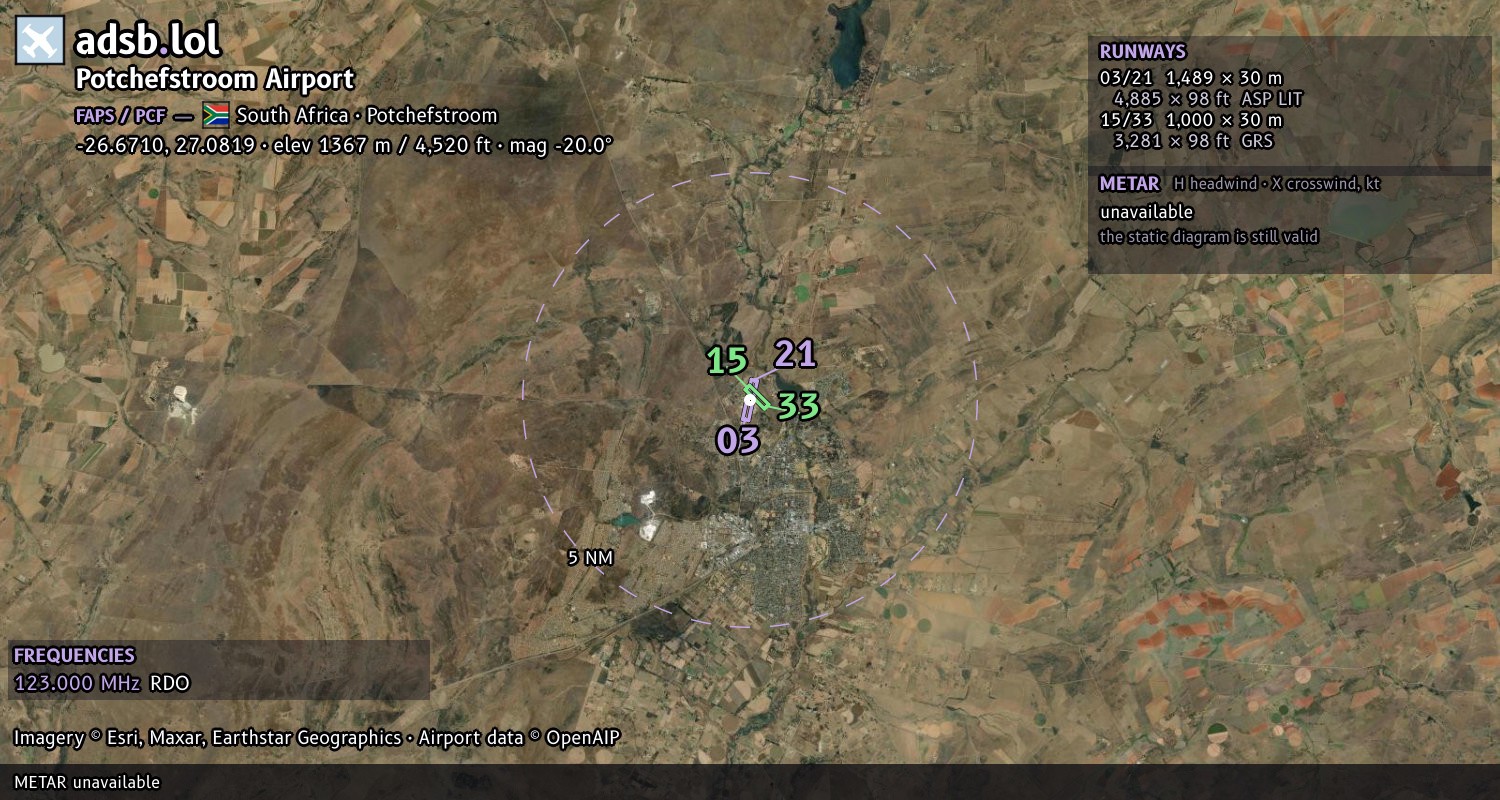 Satellite map with the runway layout of Potchefstroom Airport (FAPS)