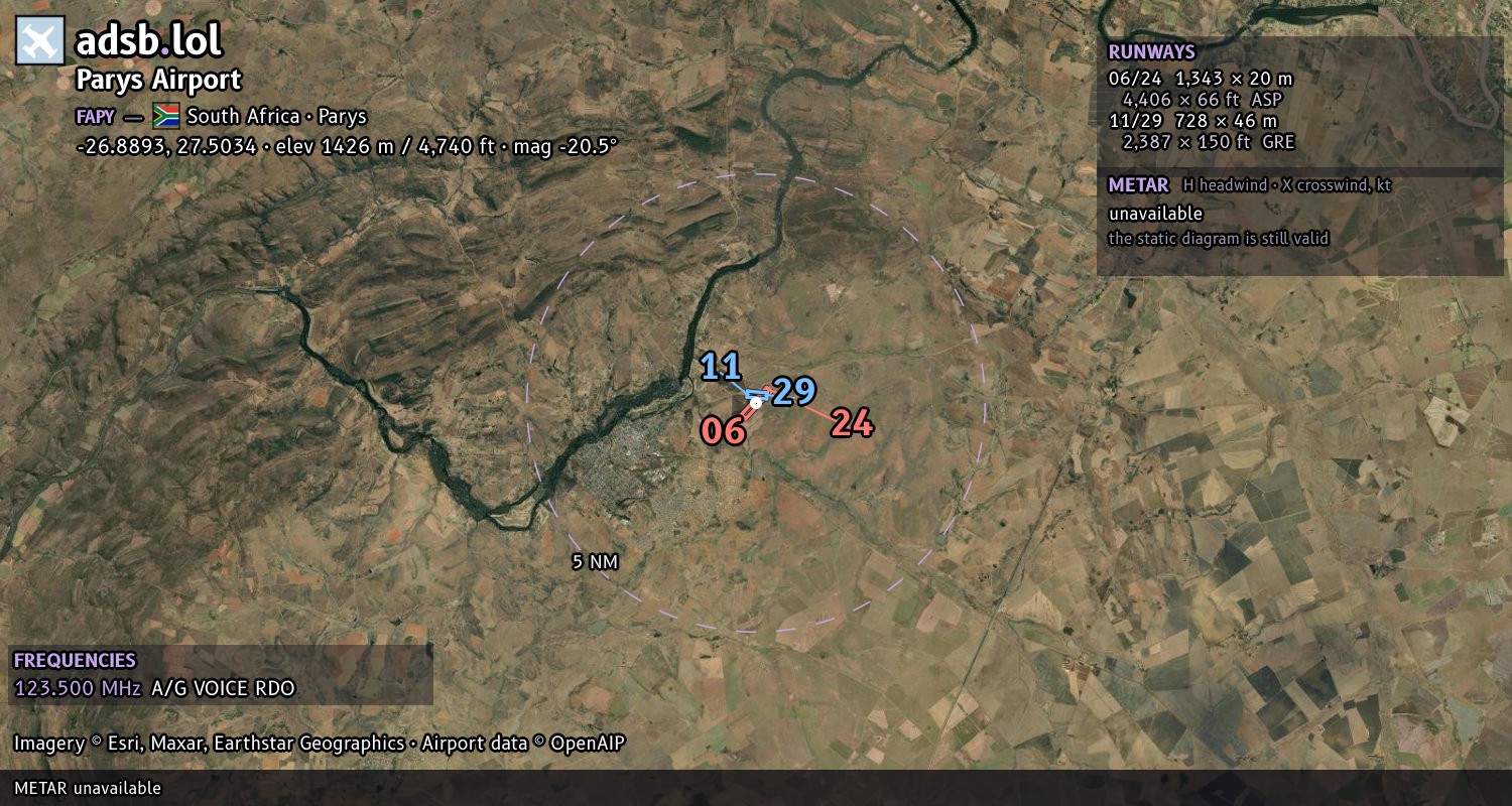 Satellite map with the runway layout of Parys Airport (FAPY)