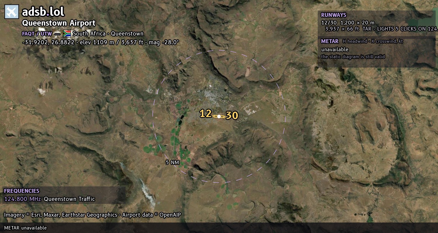 Satellite map with the runway layout of Queenstown Airport (FAQT)