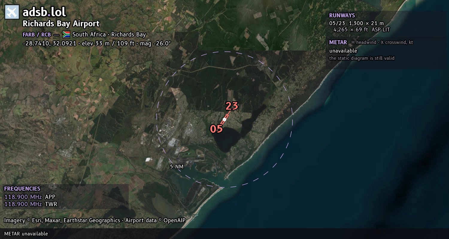 Satellite map with the runway layout of Richards Bay Airport (FARB)