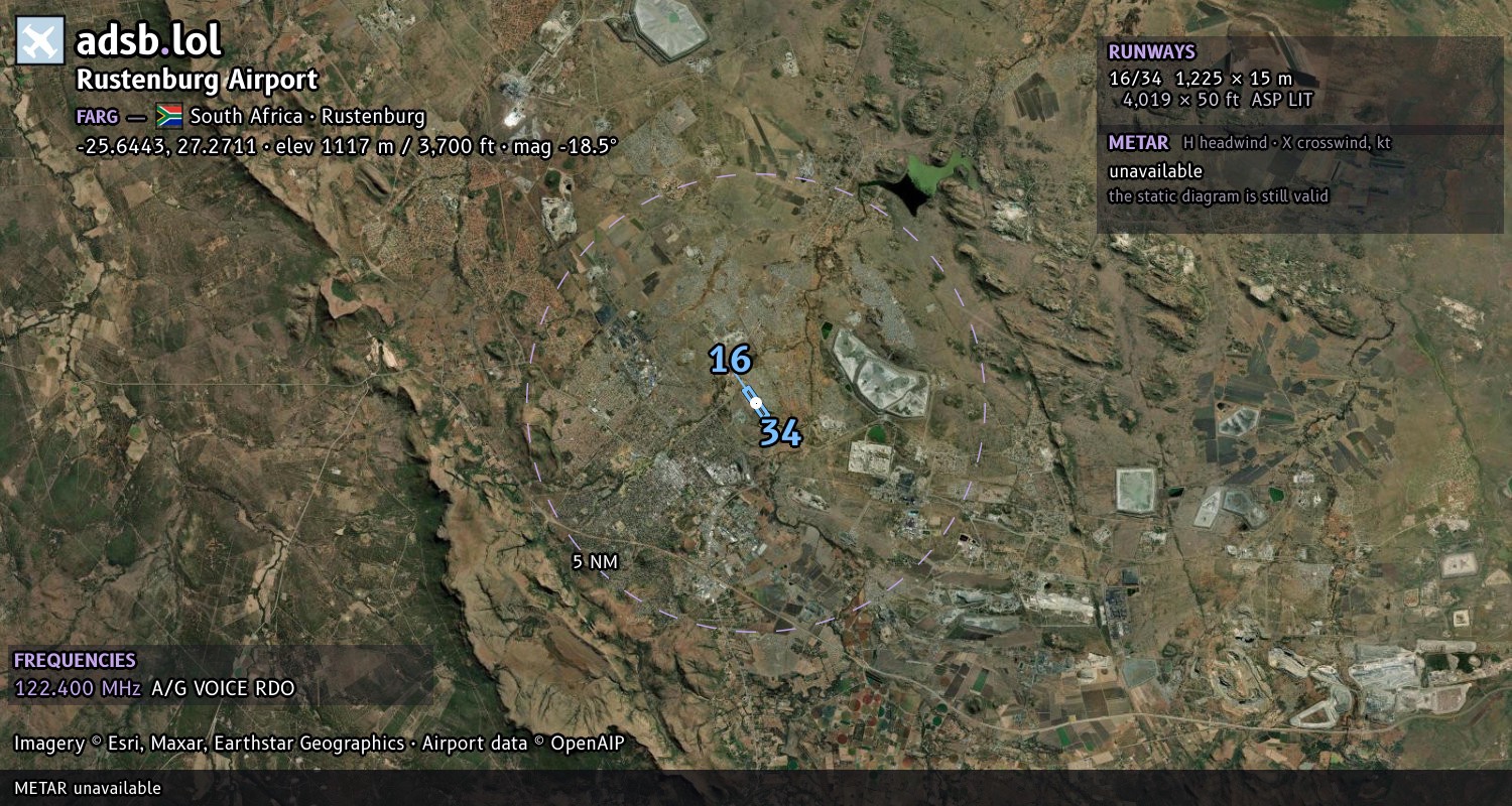 Satellite map with the runway layout of Rustenburg Airport (FARG)