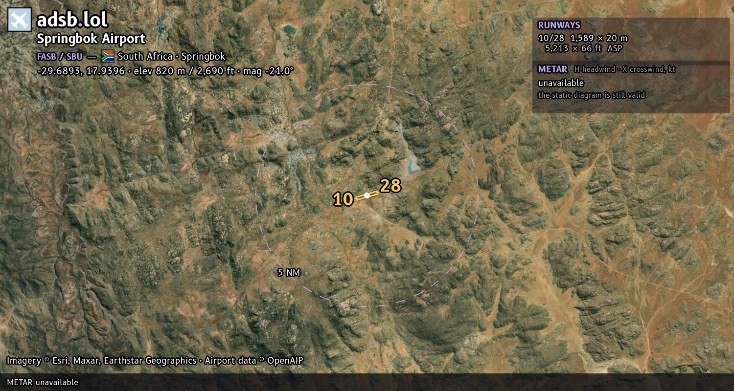 Satellite map with the runway layout of Springbok Airport (FASB)