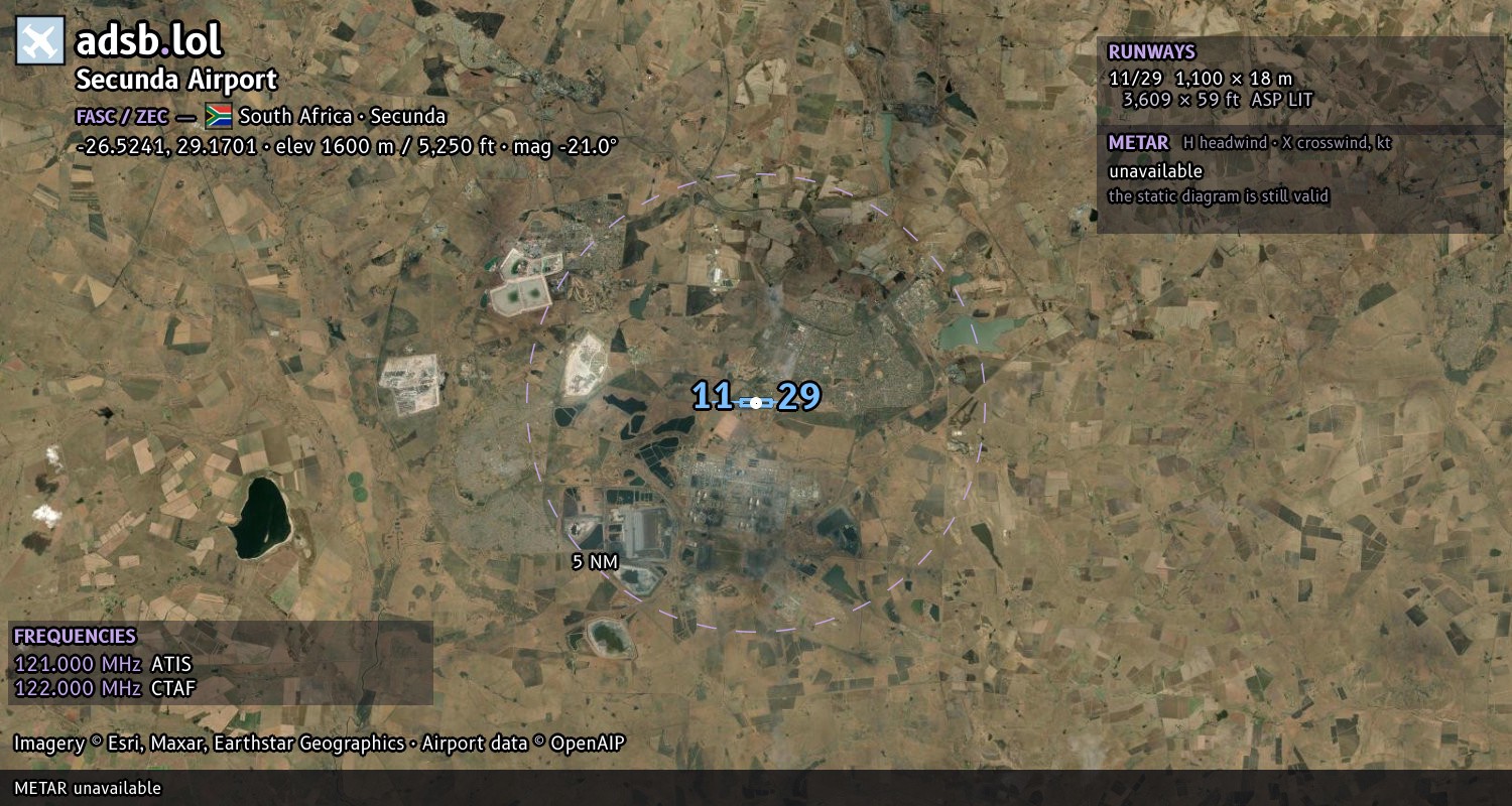 Satellite map with the runway layout of Secunda Airport (FASC)