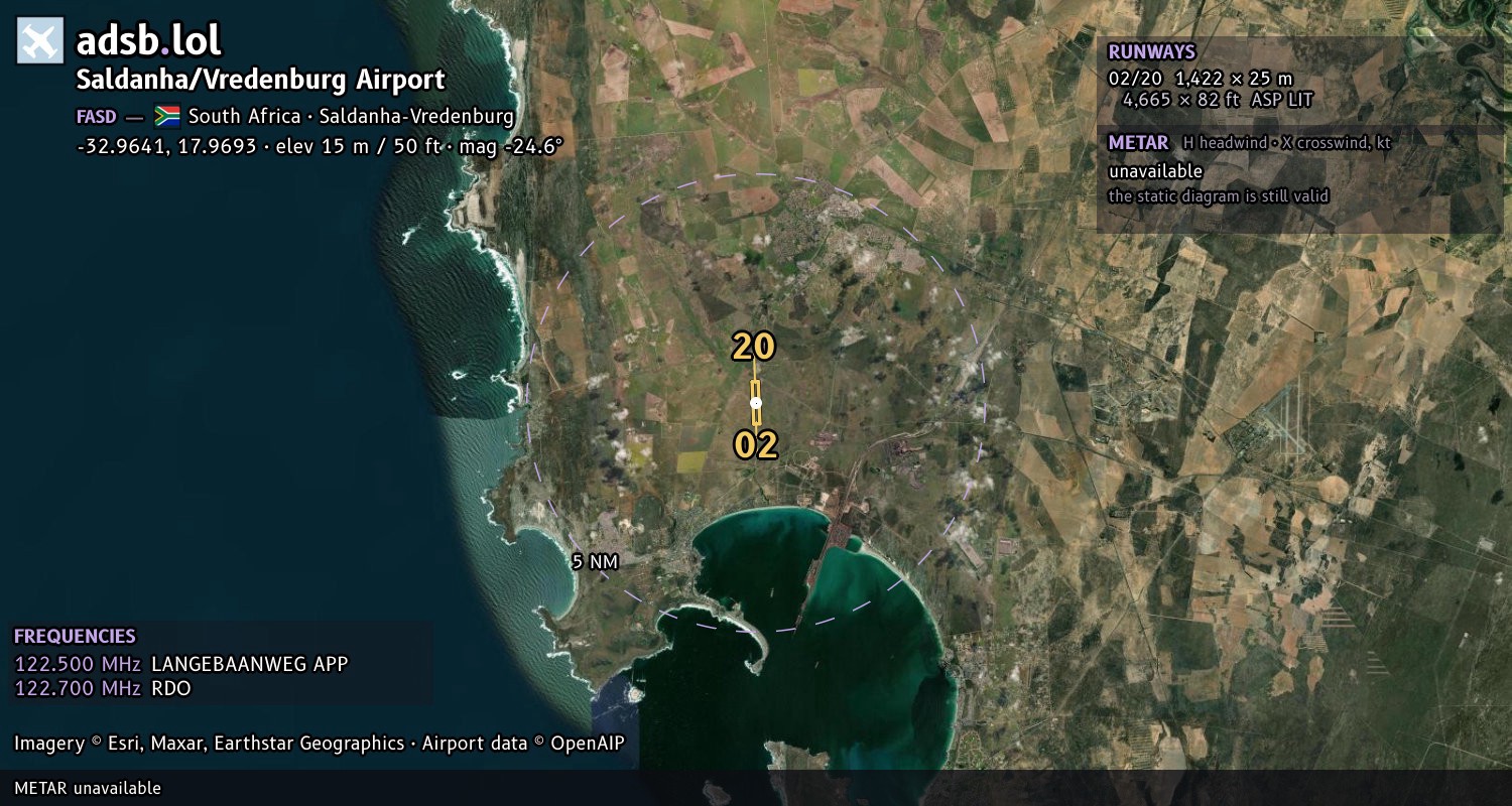 Satellite map with the runway layout of Saldanha/Vredenburg Airport (FASD)