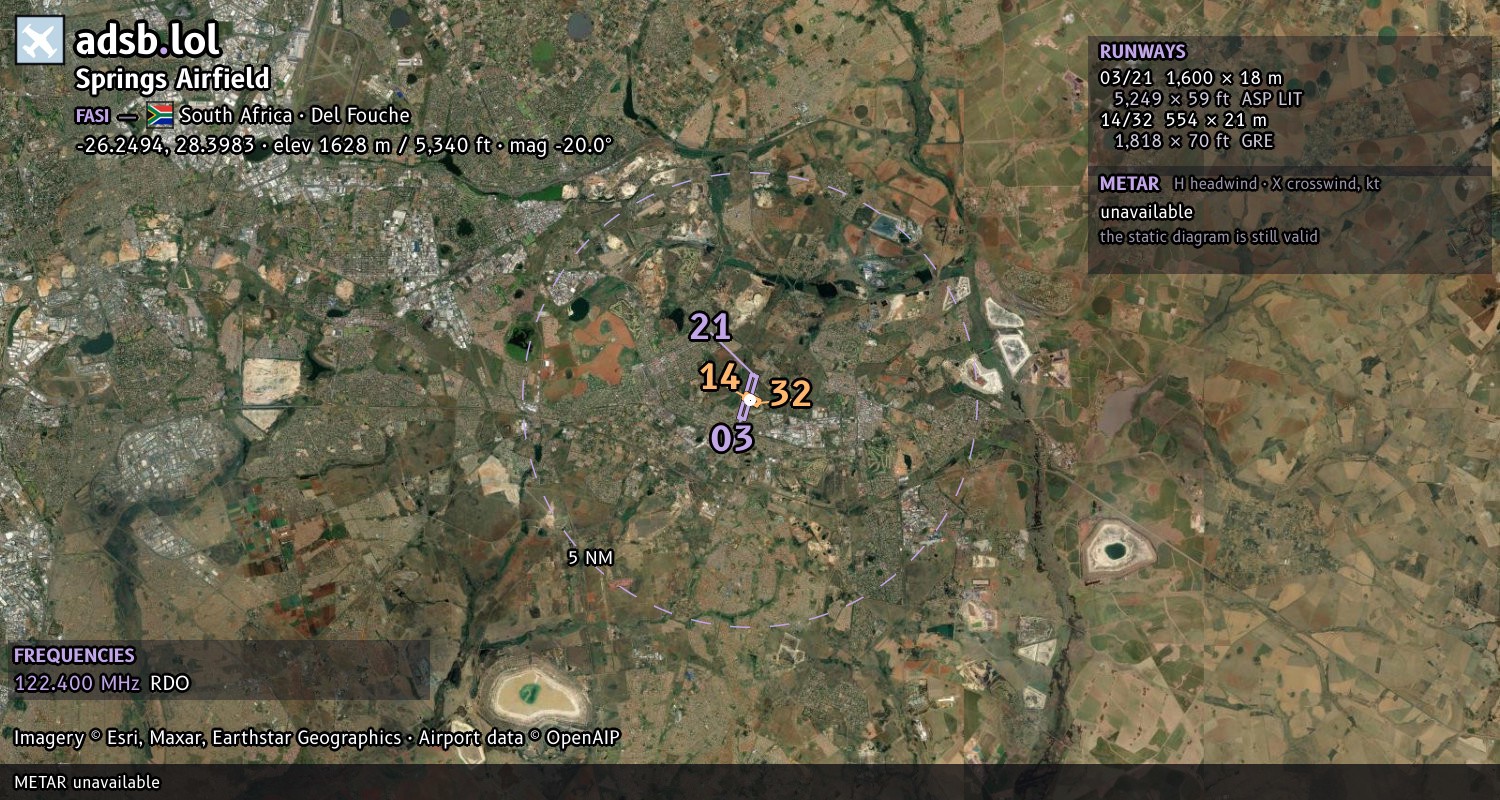 Satellite map with the runway layout of Springs Airfield (FASI)