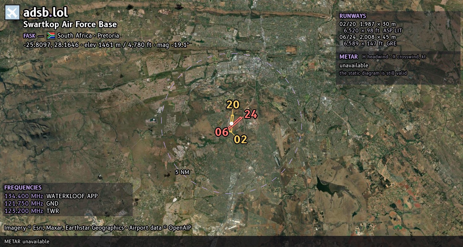 Satellite map with the runway layout of Swartkop Air Force Base (FASK)
