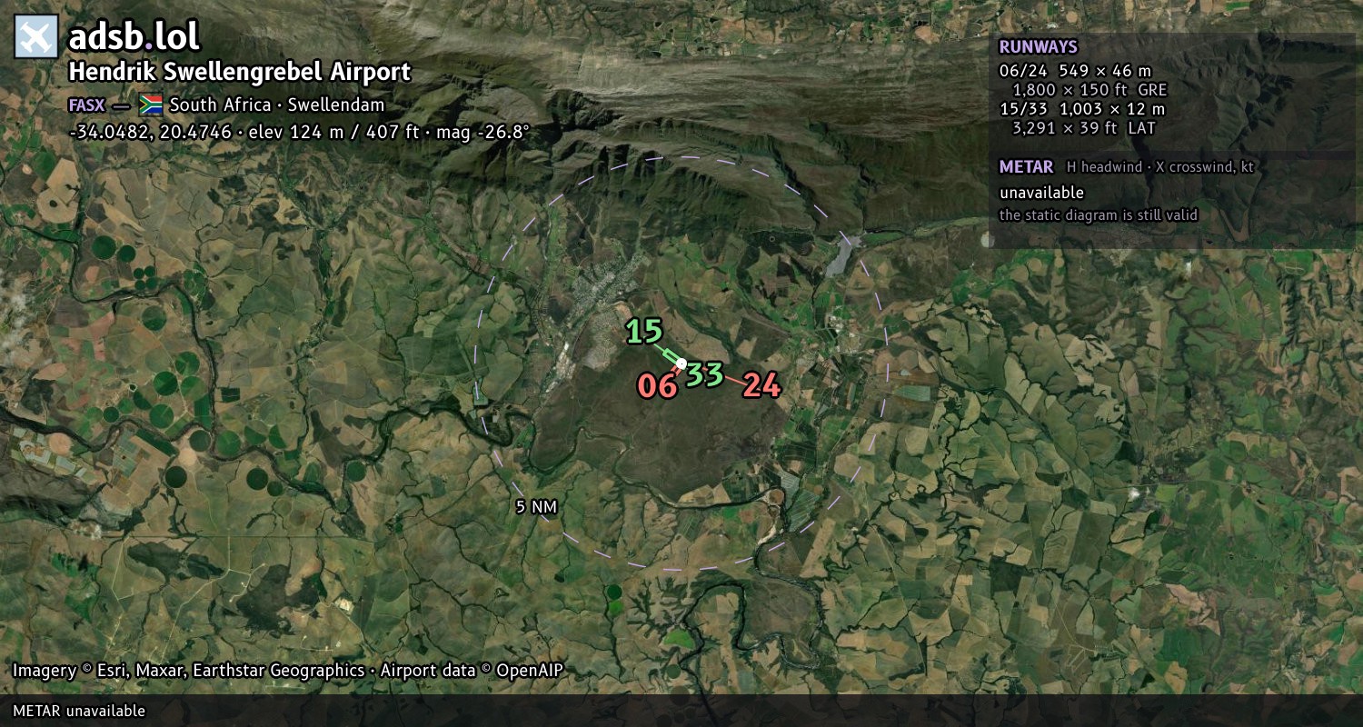Satellite map with the runway layout of Hendrik Swellengrebel Airport (FASX)