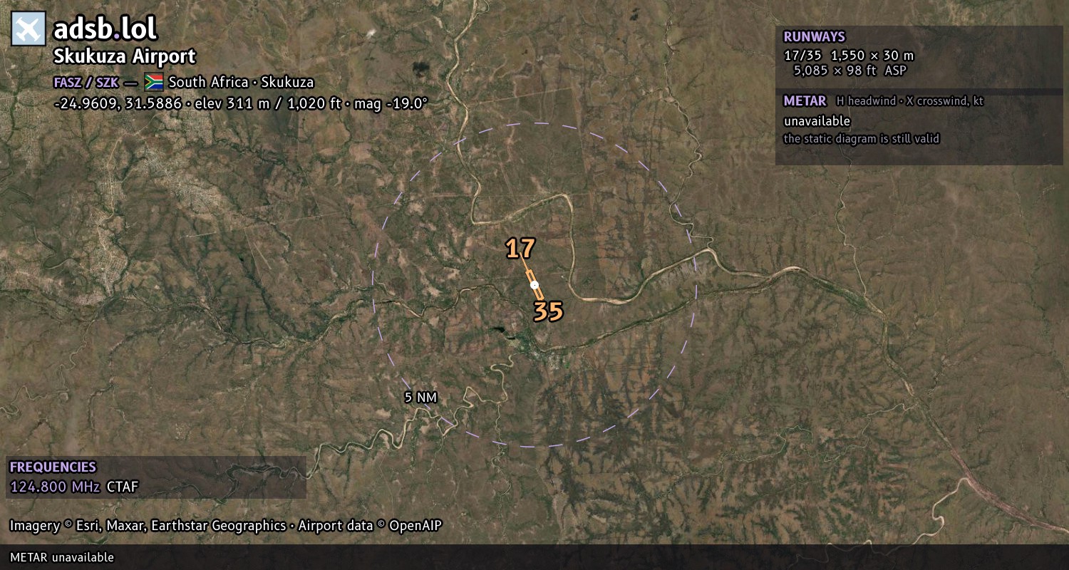 Satellite map with the runway layout of Skukuza Airport (FASZ)