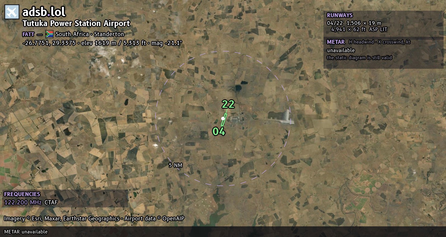 Satellite map with the runway layout of Tutuka Power Station Airport (FATT)
