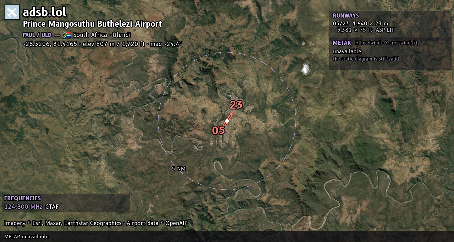 Satellite map with the runway layout of Prince Mangosuthu Buthelezi Airport (FAUL)