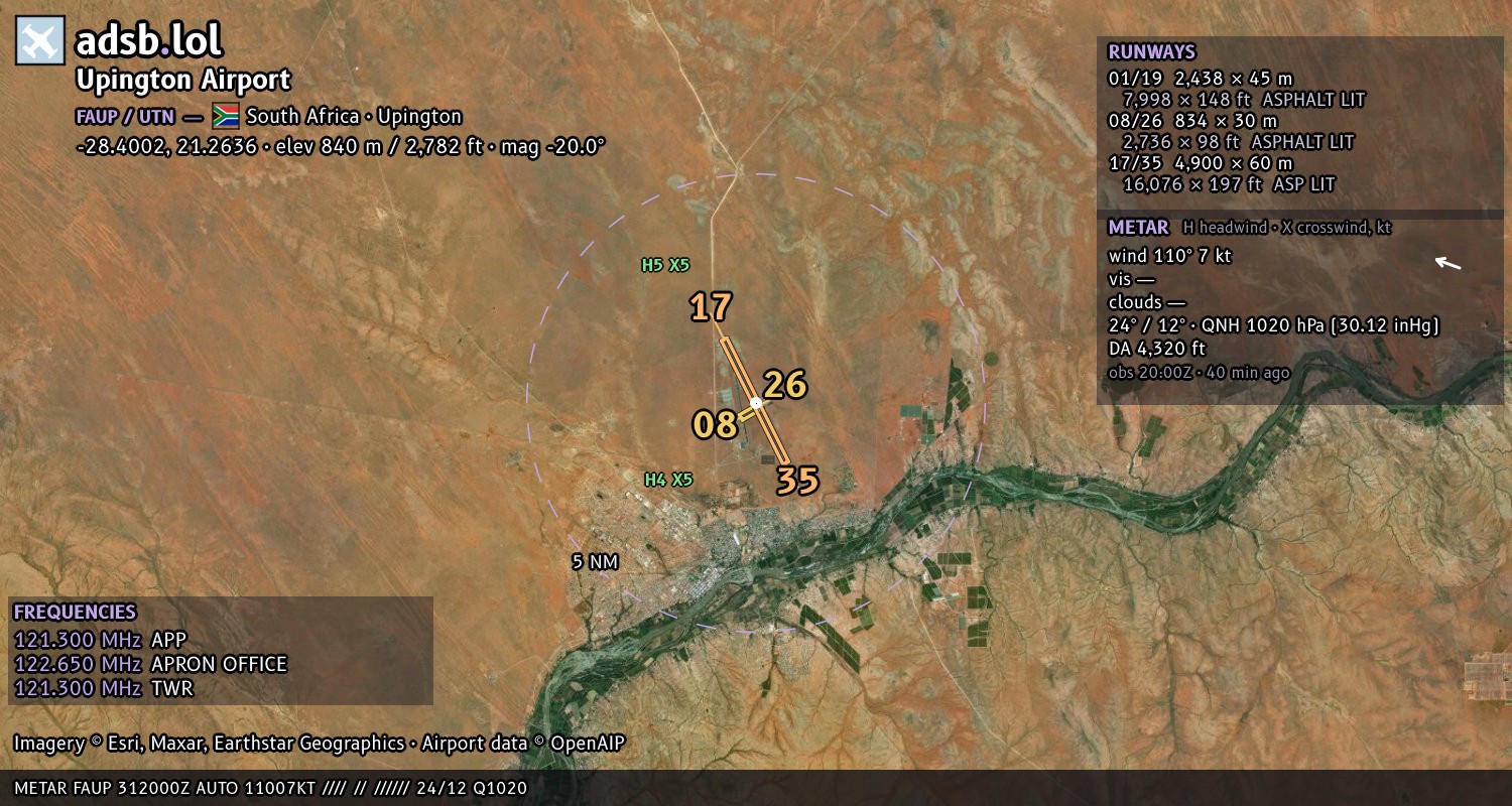 Satellite map with the runway layout of Upington Airport (FAUP)